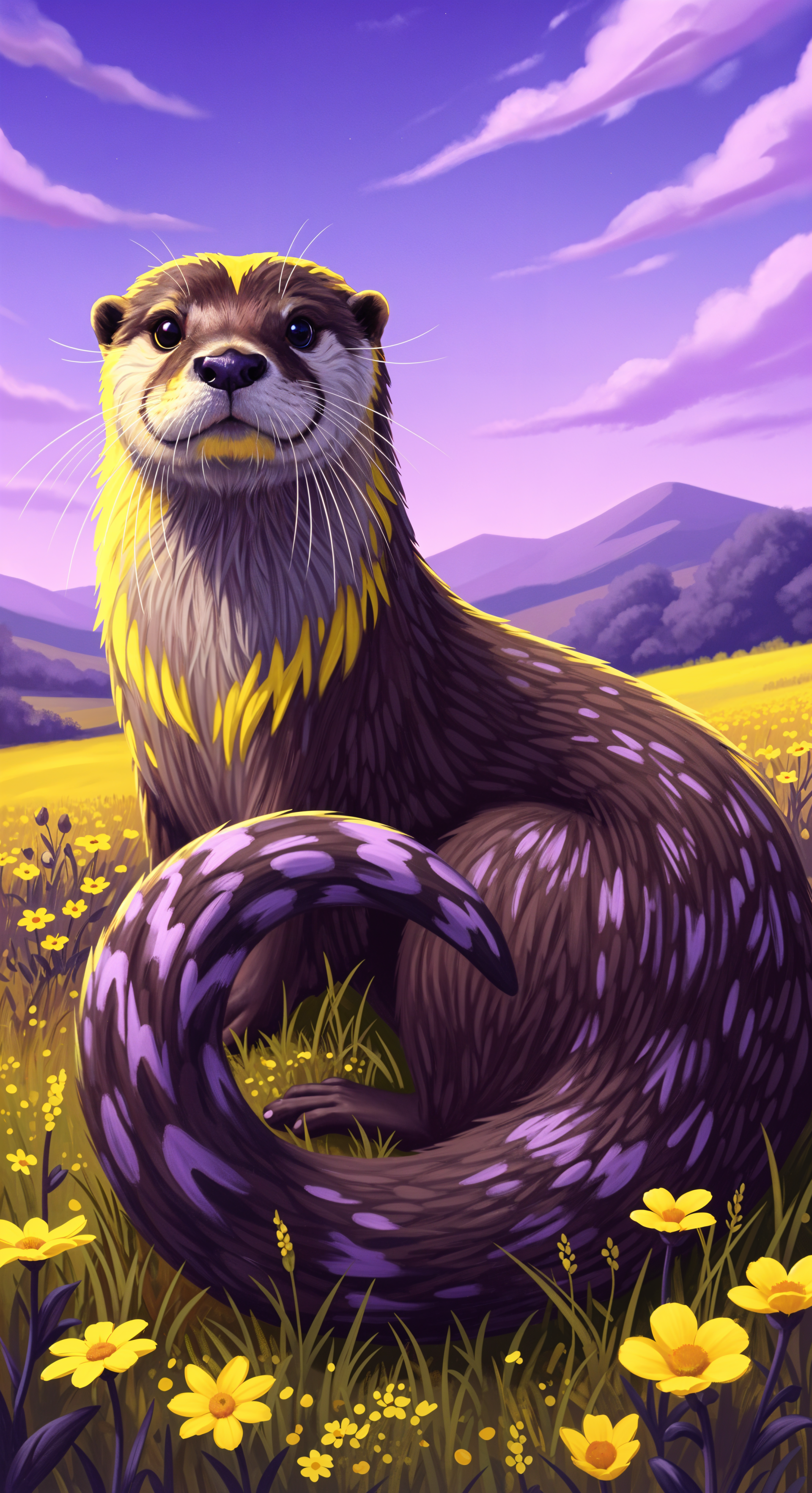 Colorful otter with a curled tail sitting in a vibrant yellow flower field, against a backdrop of purple hills and a softly clouded sky, designed as a phone wallpaper for iPhones and Android.