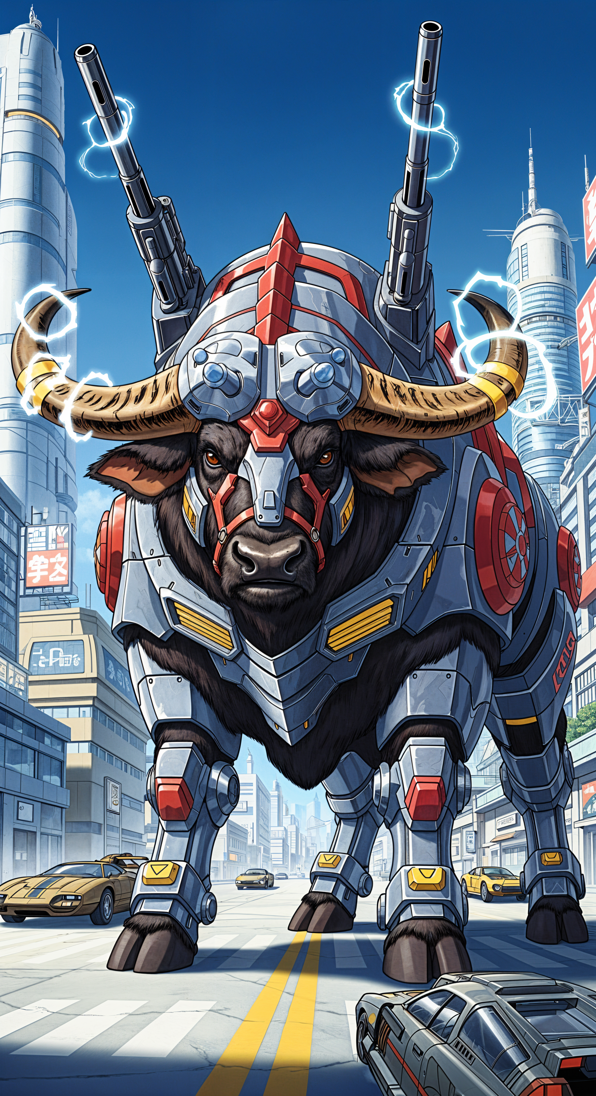 Futuristic cybernetic buffalo with electric horns and mounted cannons stands in a neon-lit city street, designed as a vibrant phone wallpaper for iPhones and Android phones.