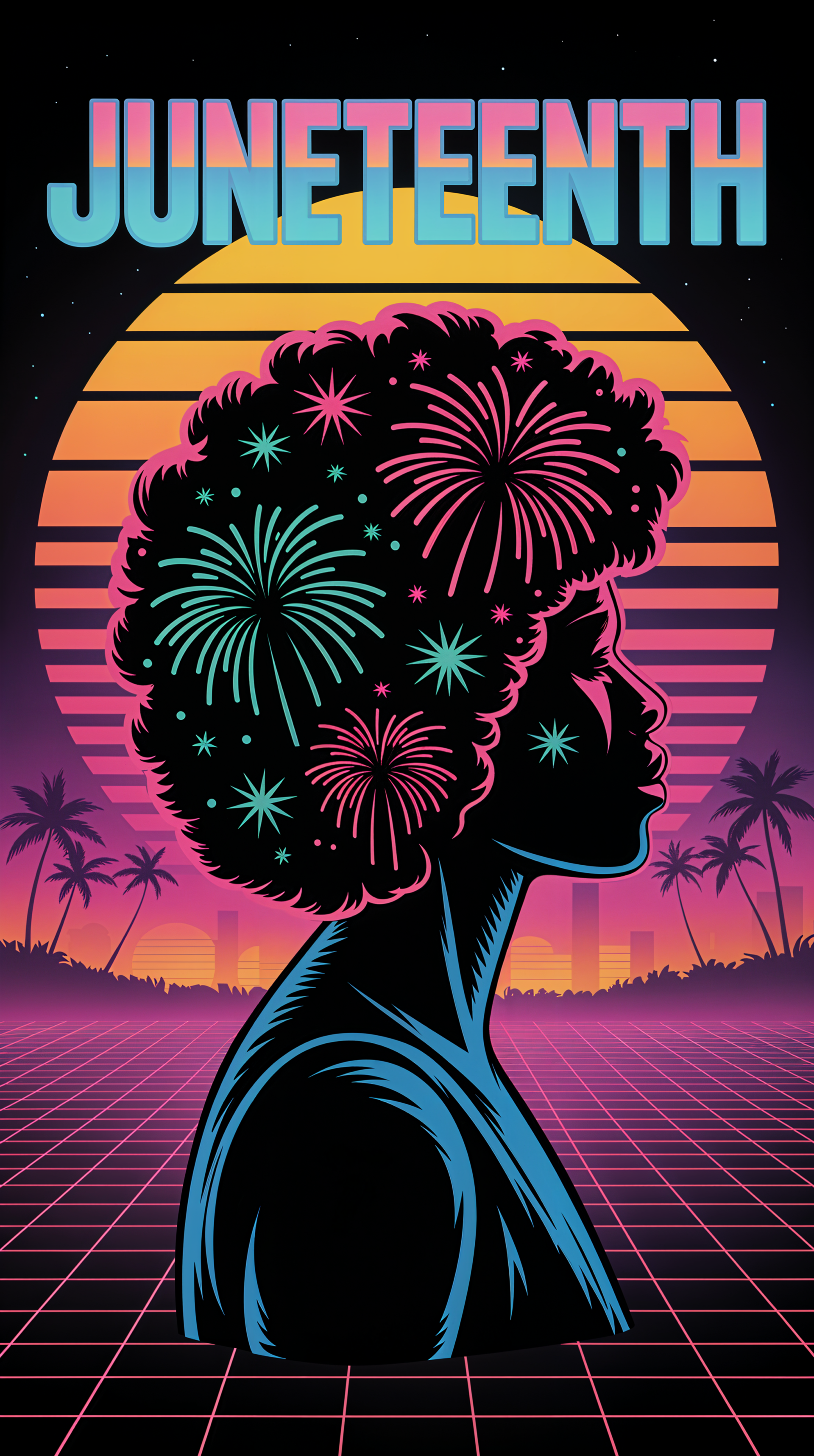 Phone wallpaper featuring a Juneteenth theme with a vibrant silhouette of a woman, fireworks in her hair, and a retro sunset backdrop, compatible with iPhones and Android devices.