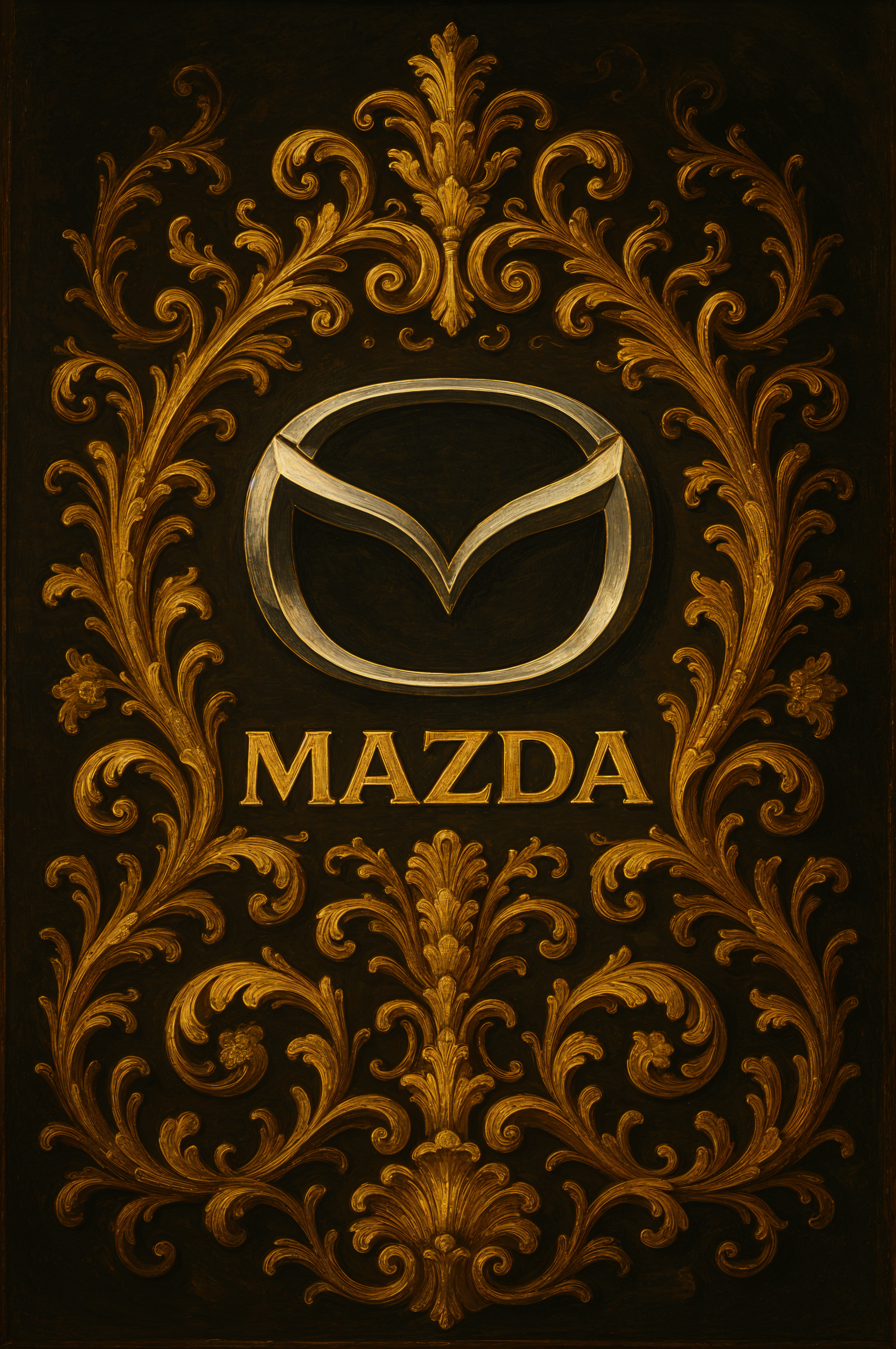 Phone wallpaper featuring the Mazda logo and name in gold with ornate, decorative floral patterns on a dark background, designed for both iPhone and Android displays.