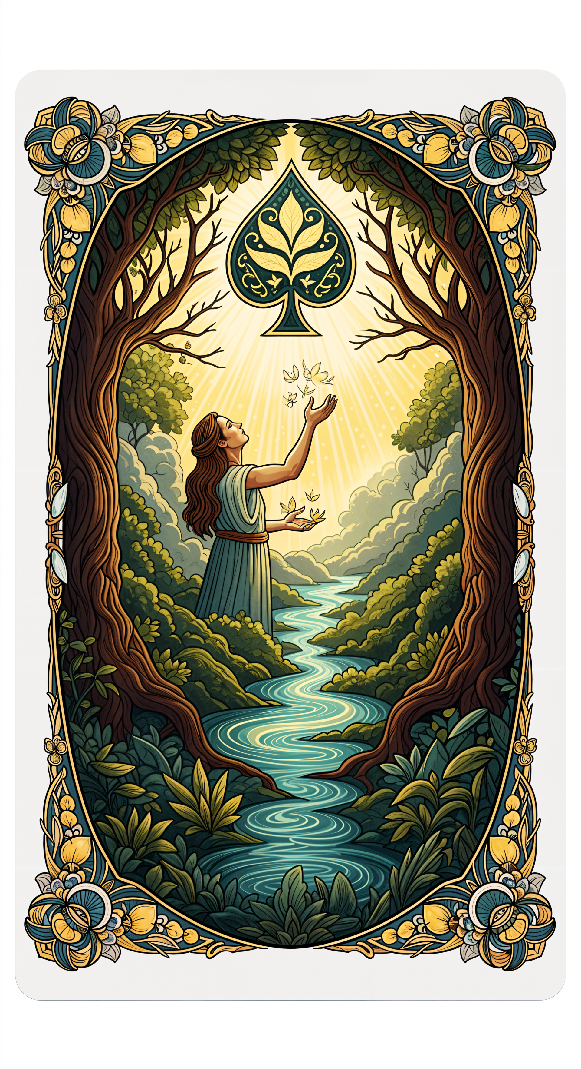 Phone wallpaper of a detailed card design featuring a woman releasing butterflies beside a winding river, framed by trees and an ornate border with a spade symbol at the top.