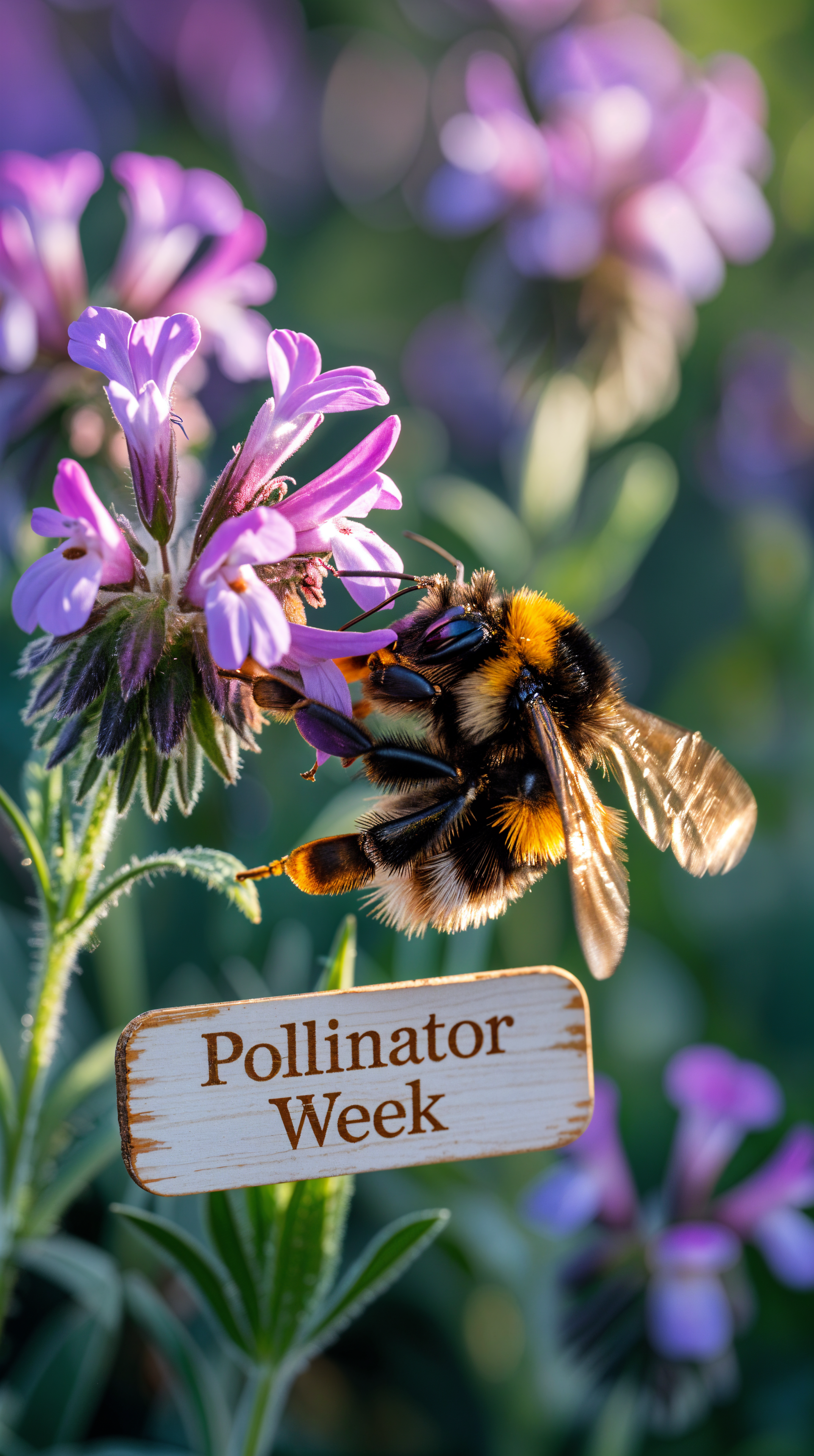 Phone wallpaper for Pollinator Week showing a close-up of a bumblebee collecting nectar from a purple flower, with a wooden sign reading Pollinator Week.
