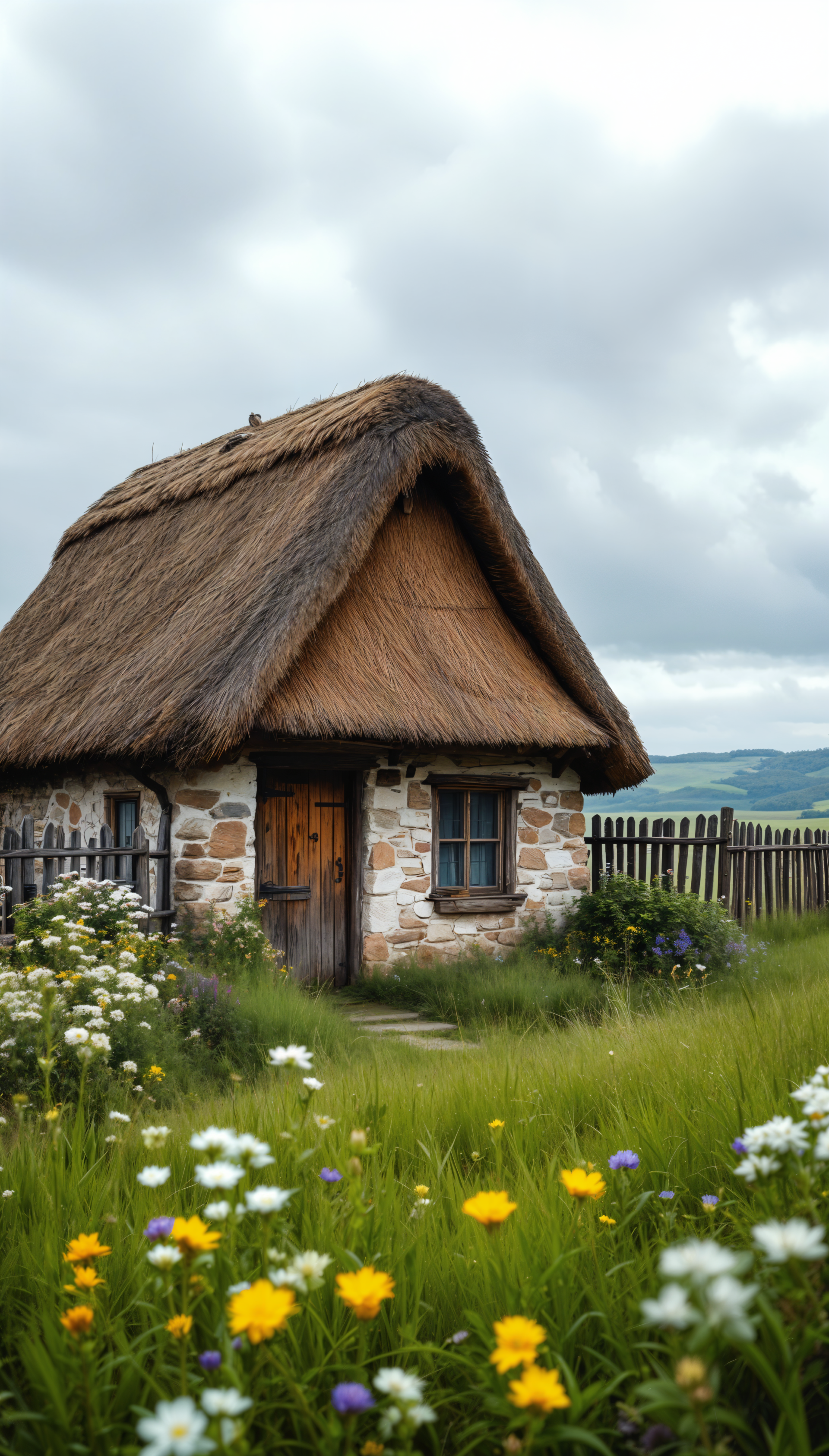 A quaint thatched-roof cottage surrounded by wildflowers and greenery under a cloudy sky, styled as a cottagecore phone wallpaper for iPhone and Android.