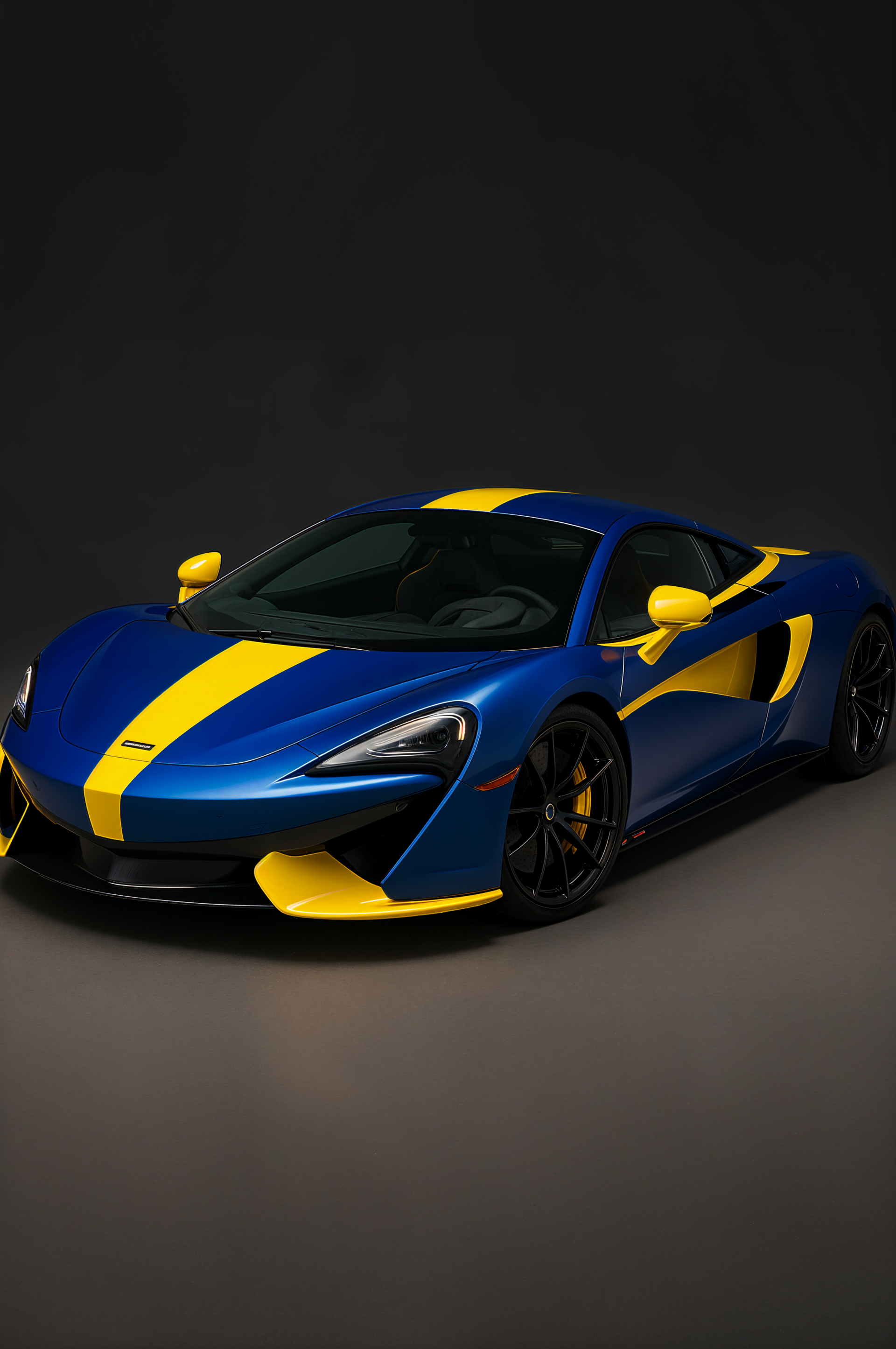 Blue McLaren sports car with yellow racing stripes and accents against a dark background, designed as a sleek phone wallpaper for iPhones and Android devices.