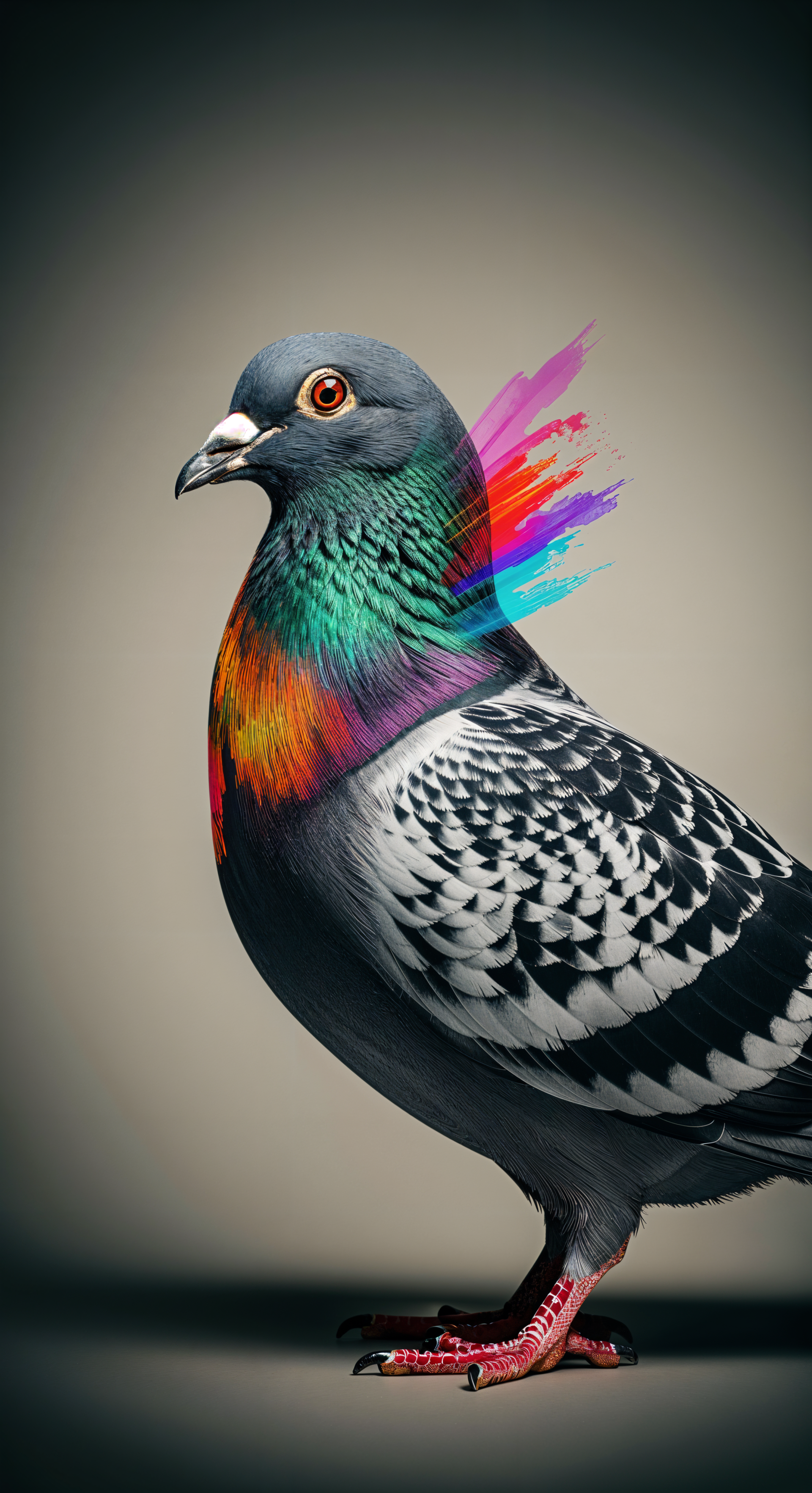 Phone wallpaper of a pigeon with iridescent feathers and colorful brushstroke accents, designed to display beautifully on iPhones and Android devices.