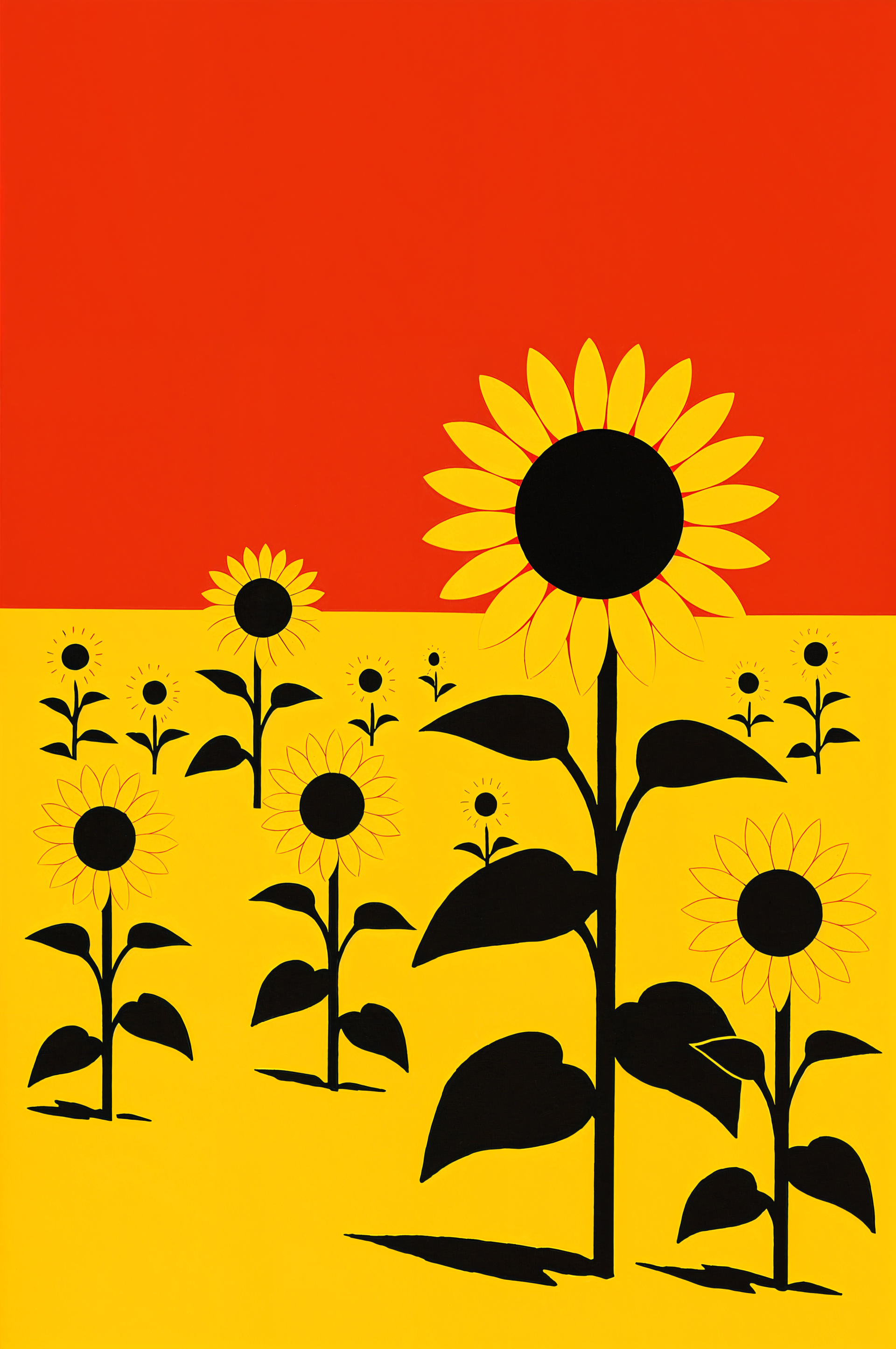 Phone wallpaper showing a stylized sunflower field with black stems and yellow petals against a yellow ground and vibrant red sky, designed for iPhones and Android devices.