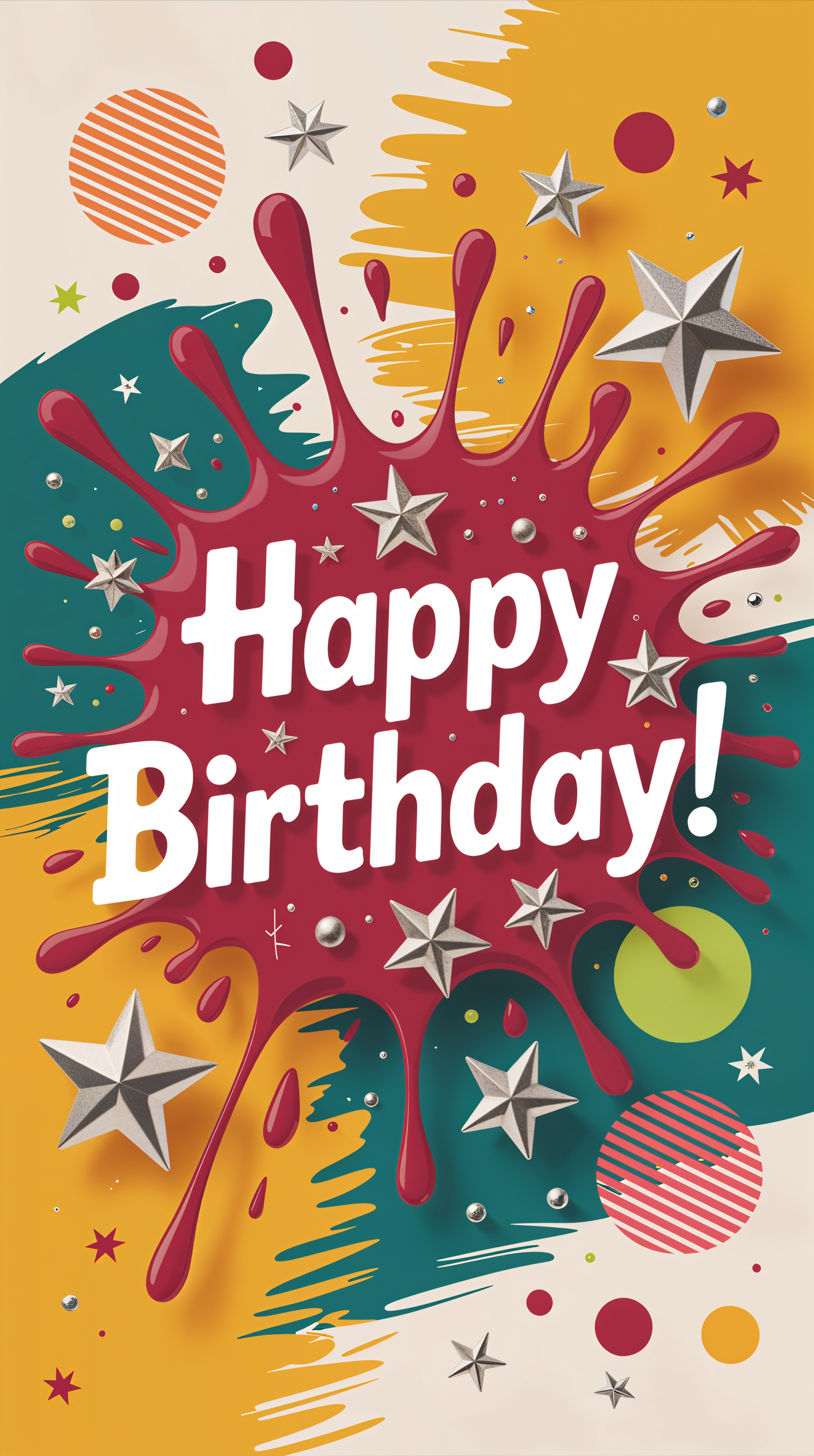 Colorful Happy Birthday! phone wallpaper with red paint splatter, stars, and abstract shapes, designed to fit and display beautifully on iPhones and Android devices.