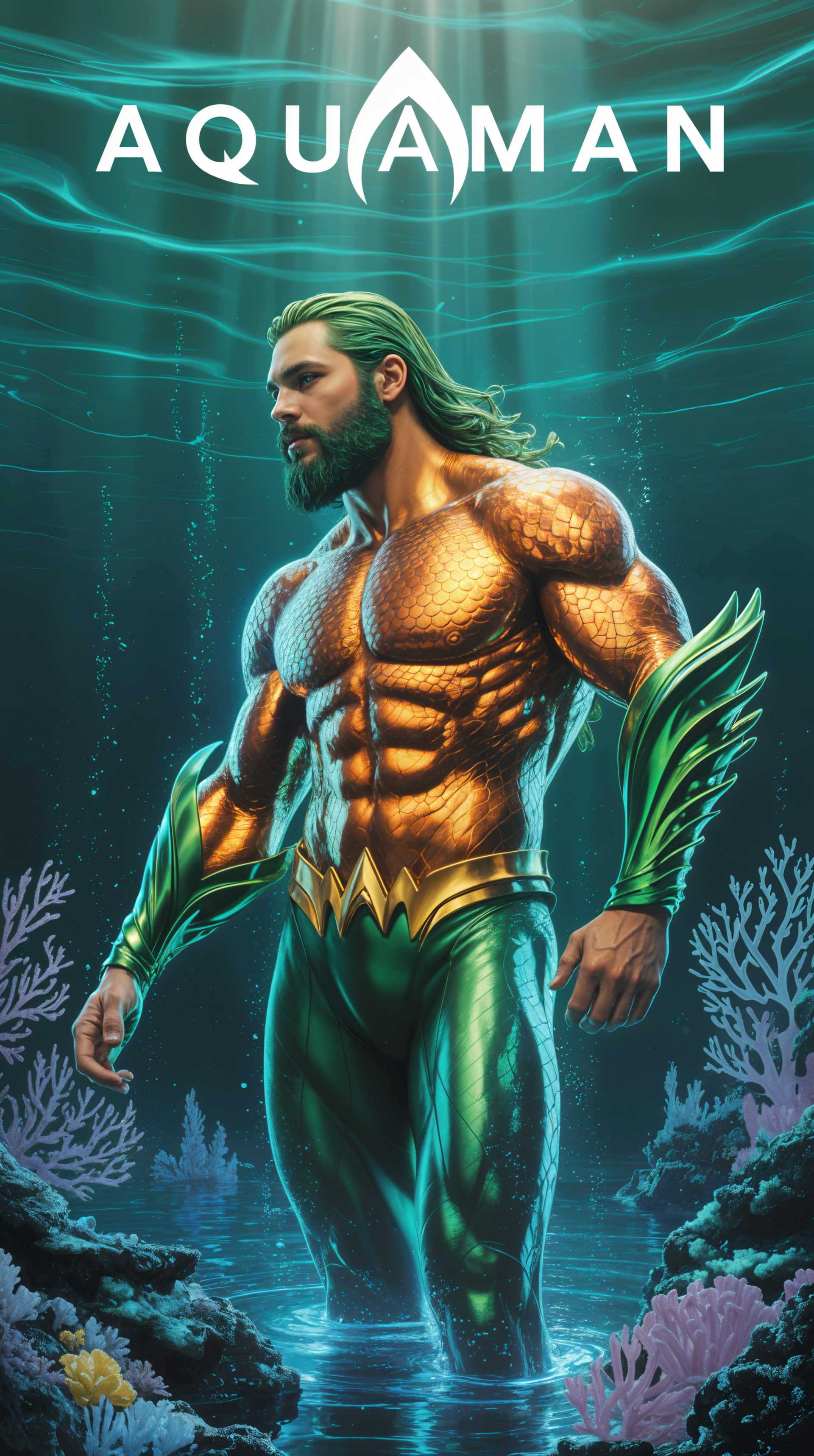 Aquaman stands waist-deep in water, glowing with golden armor and green gauntlets, set against an underwater backdrop with coral, designed as a vibrant phone wallpaper for iPhones and Androids.