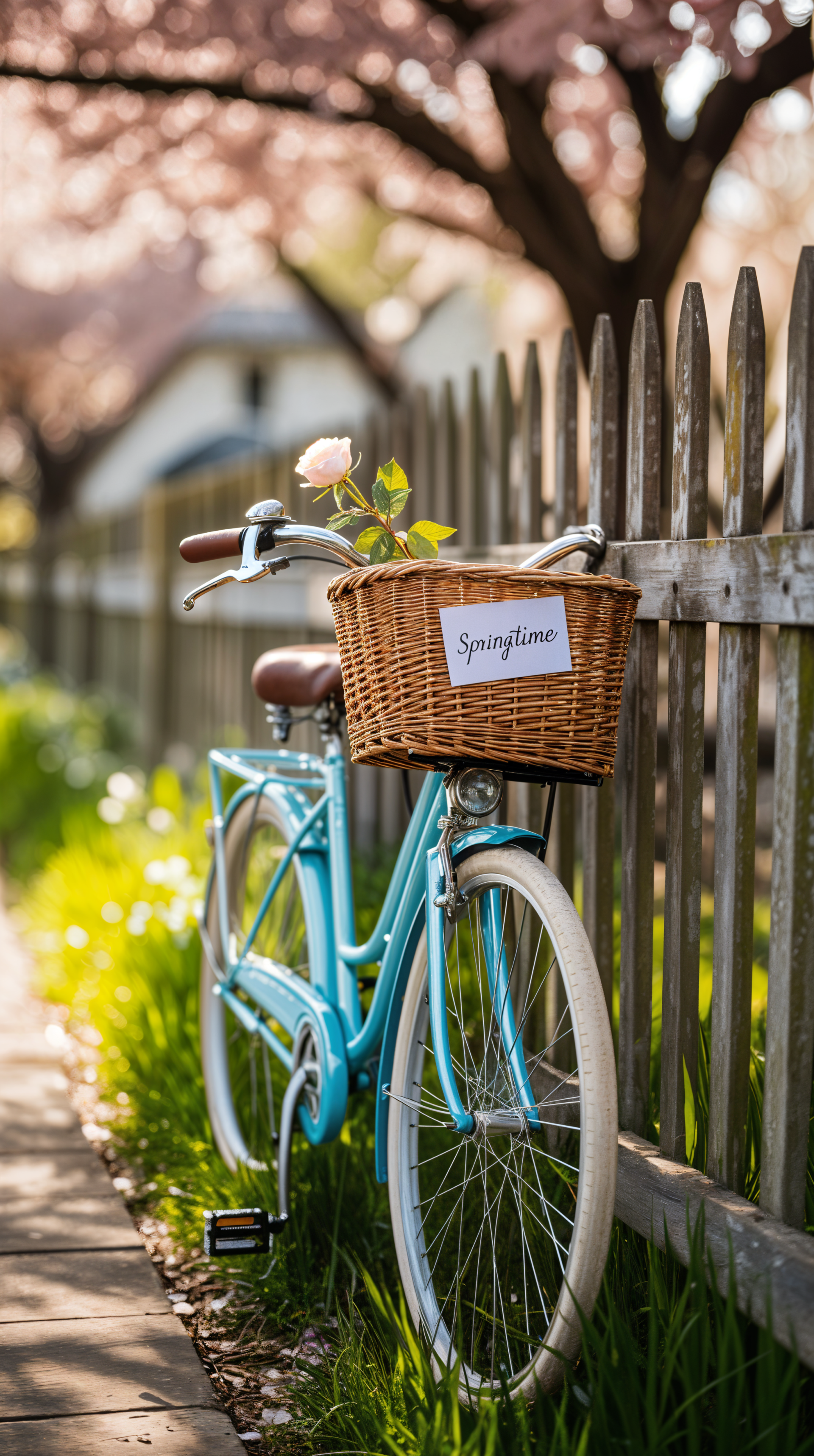 Vintage spring phone wallpaper featuring a blue bicycle with a wicker basket holding a flower, set beside a wooden fence under blooming cherry blossom trees. Compatible with iPhones and Android.