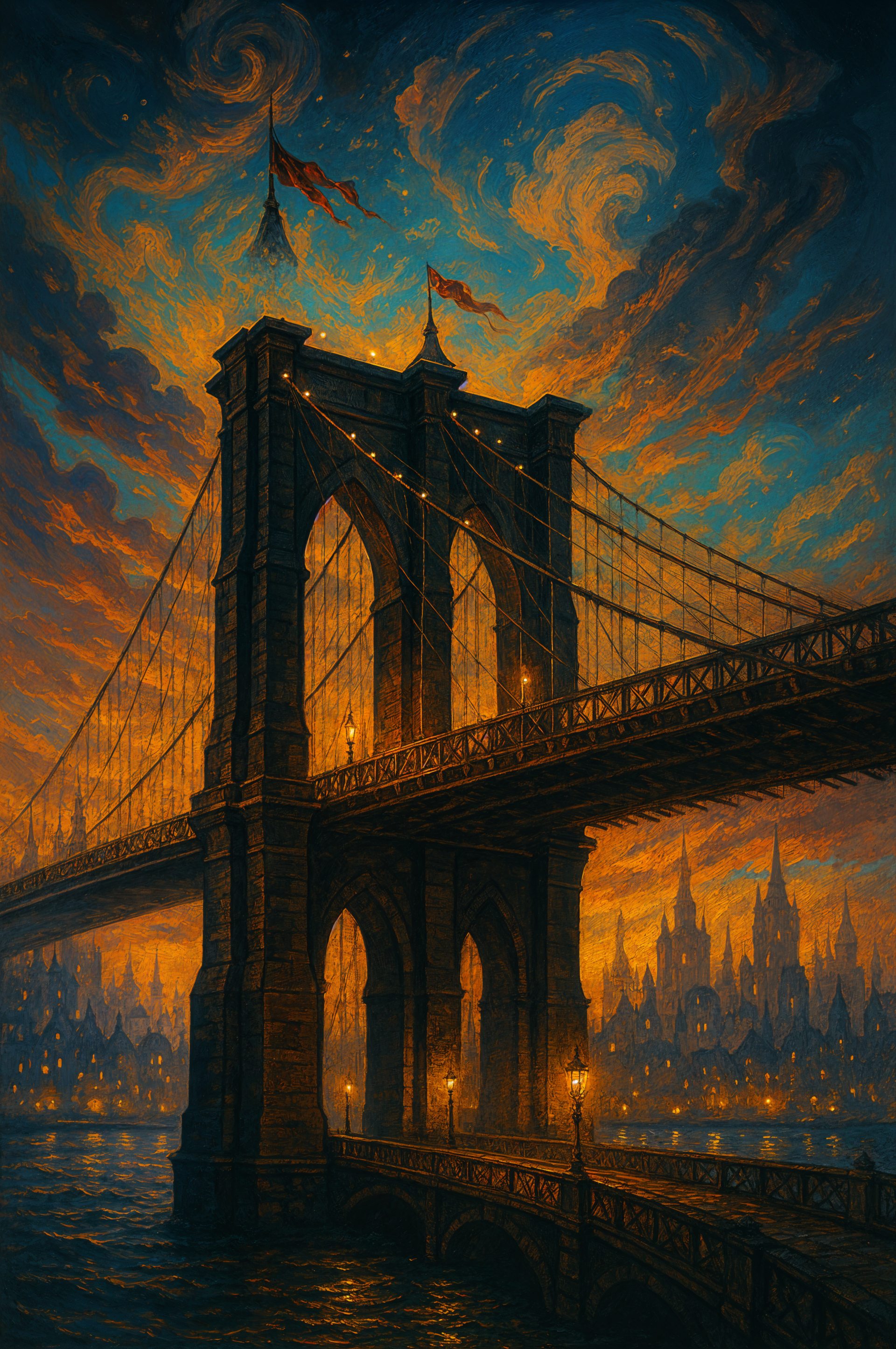 Phone wallpaper of the Brooklyn Bridge at sunset with glowing lights and a vibrant, swirling sky, designed for seamless display on iPhone and Android screens.