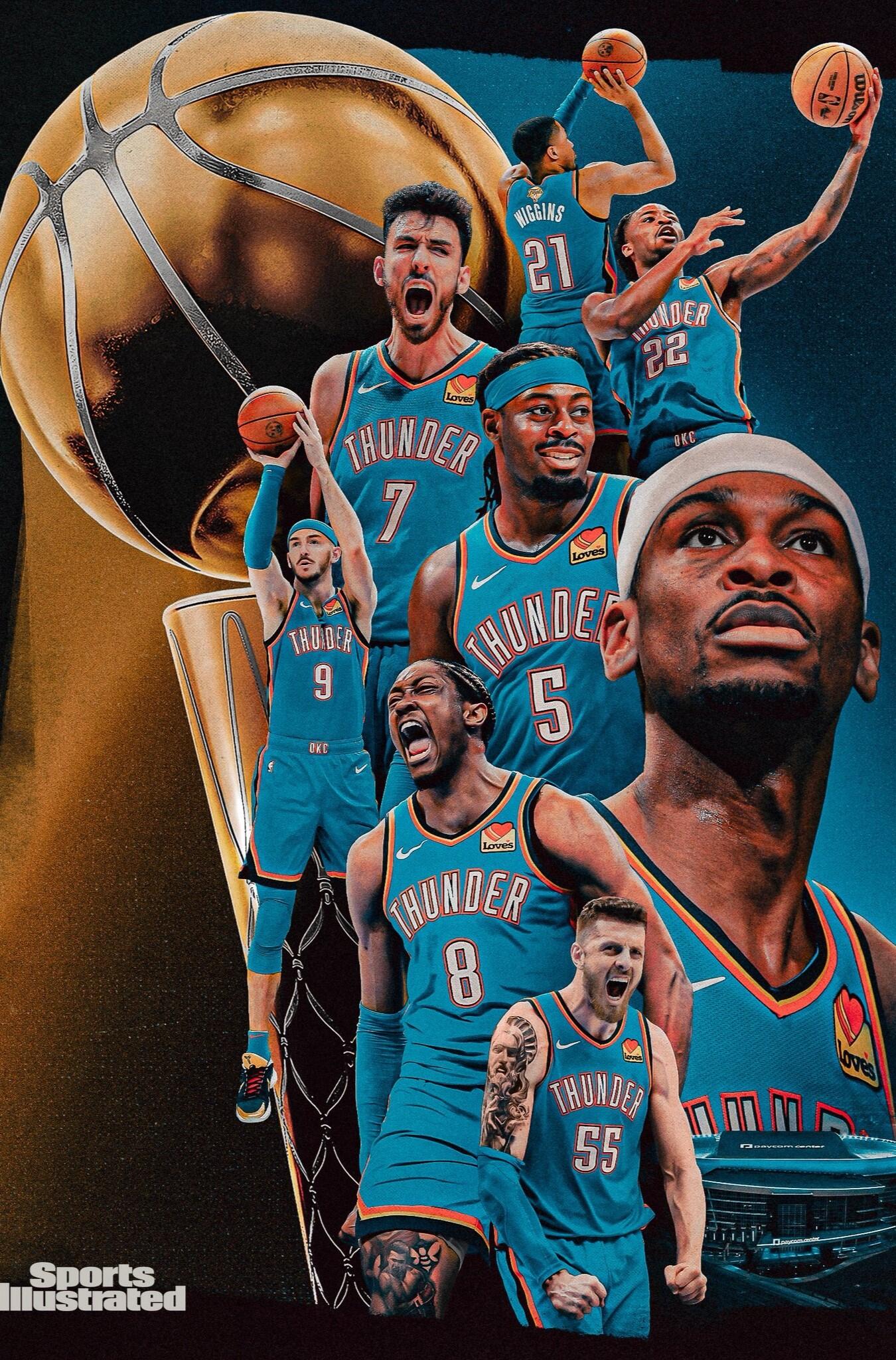 Phone wallpaper featuring Oklahoma City Thunder stars Shai Gilgeous-Alexander and Jalen Williams in NBA Finals action with a large championship trophy in the background.