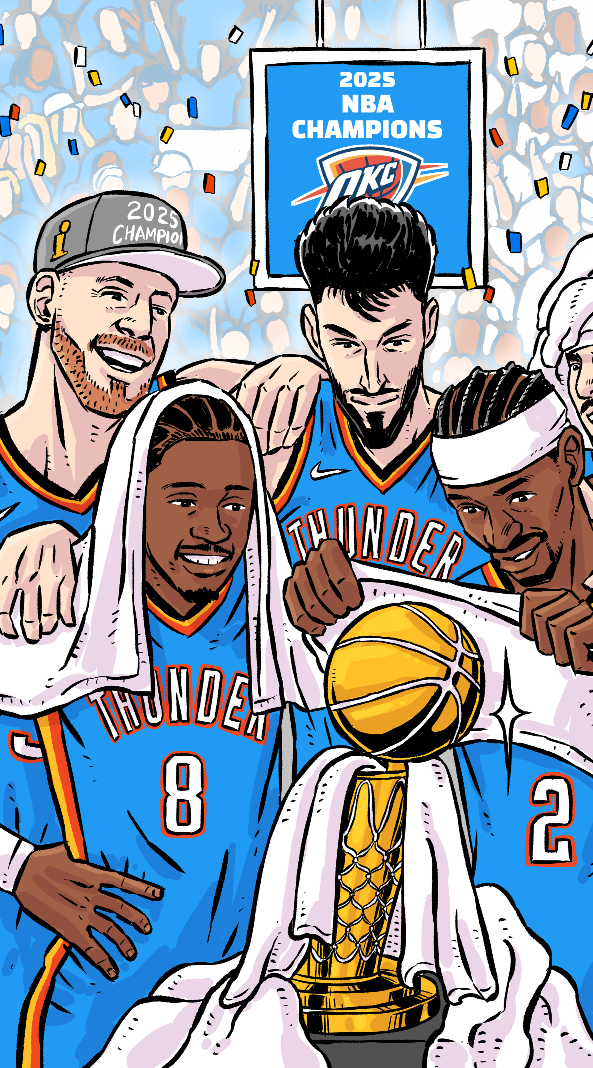Illustration of Oklahoma City Thunder players, including Shai Gilgeous-Alexander and Jalen Williams, celebrating 2025 NBA Finals championship with trophy and banner on phone wallpaper.