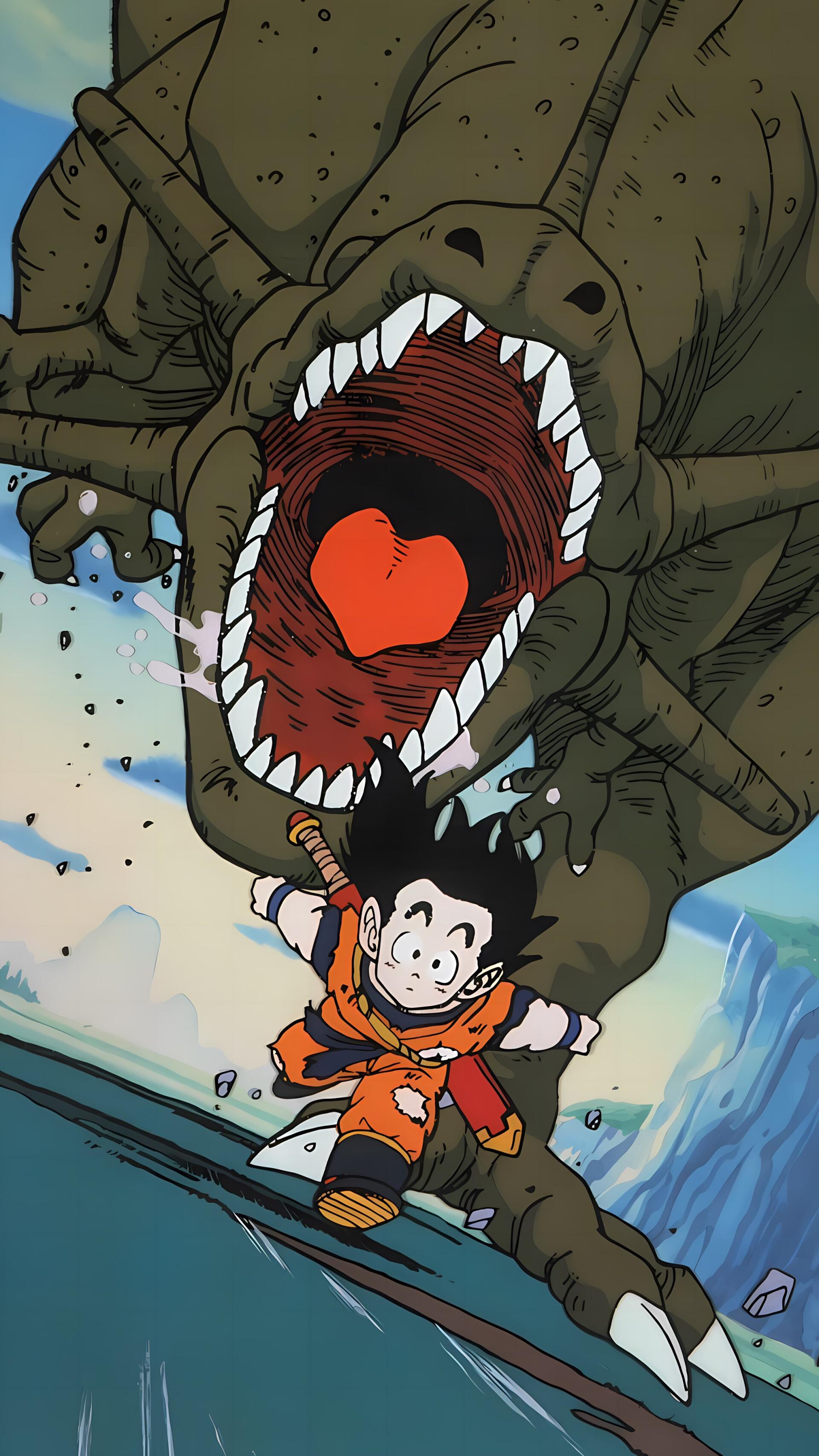 Phone wallpaper featuring anime Dragon Ball's young Goku running from a large roaring dragon, designed for iPhones and Android devices.