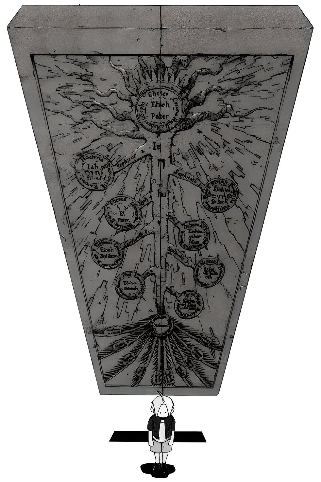 Phone wallpaper illustration from Fullmetal Alchemist featuring Edward Elric standing before an alchemical transmutation circle carved into a large stone slab.