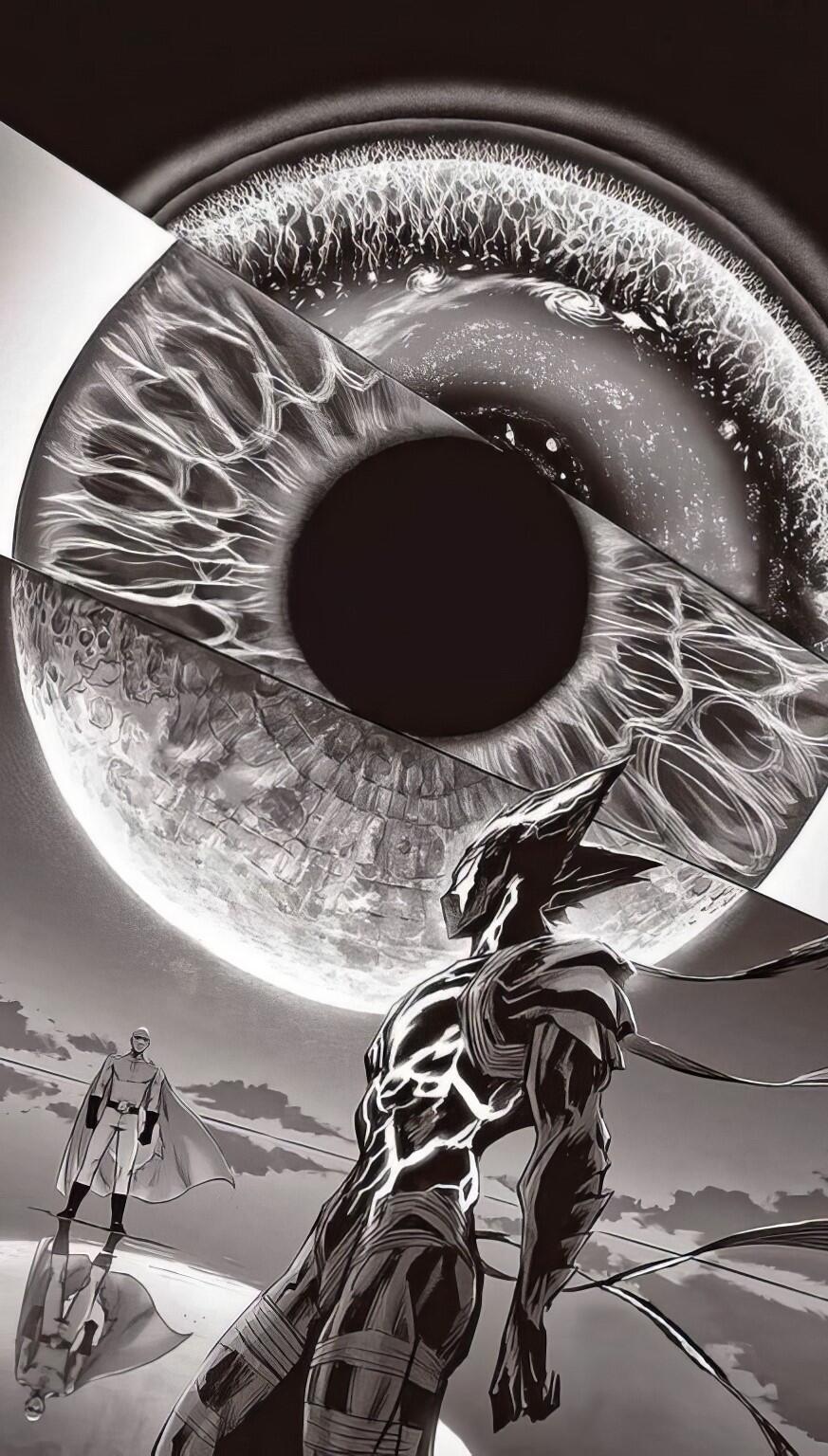 Monochrome manga-style phone wallpaper featuring Garou and Saitama from One-Punch Man with a dramatic close-up of an eye in the background, designed for iPhone and Android screens.