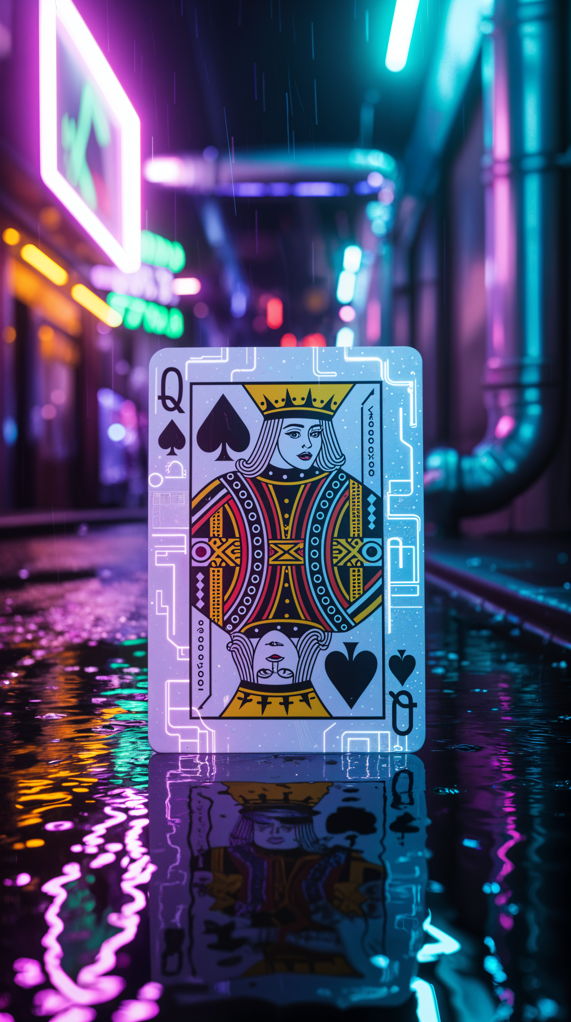 A neon-lit Queen of Spades playing card stands upright on a wet street, reflecting vibrant pink, purple, and blue lights; designed as a phone wallpaper for iPhones and Android devices.