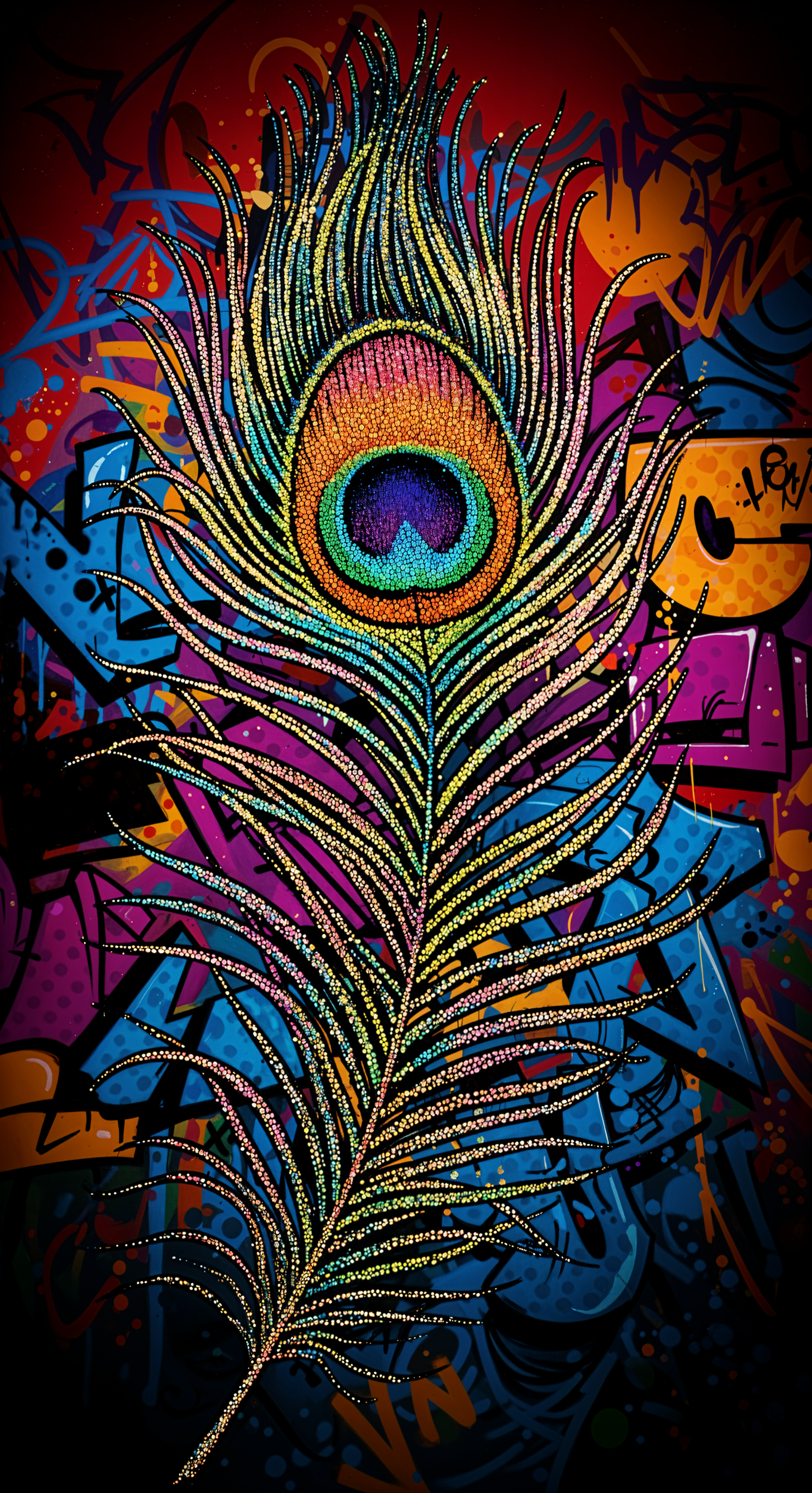 A vibrant phone wallpaper featuring a detailed peacock feather with bright blues, greens, and purples against a colorful graffiti-style background, compatible with iPhones and Android devices.