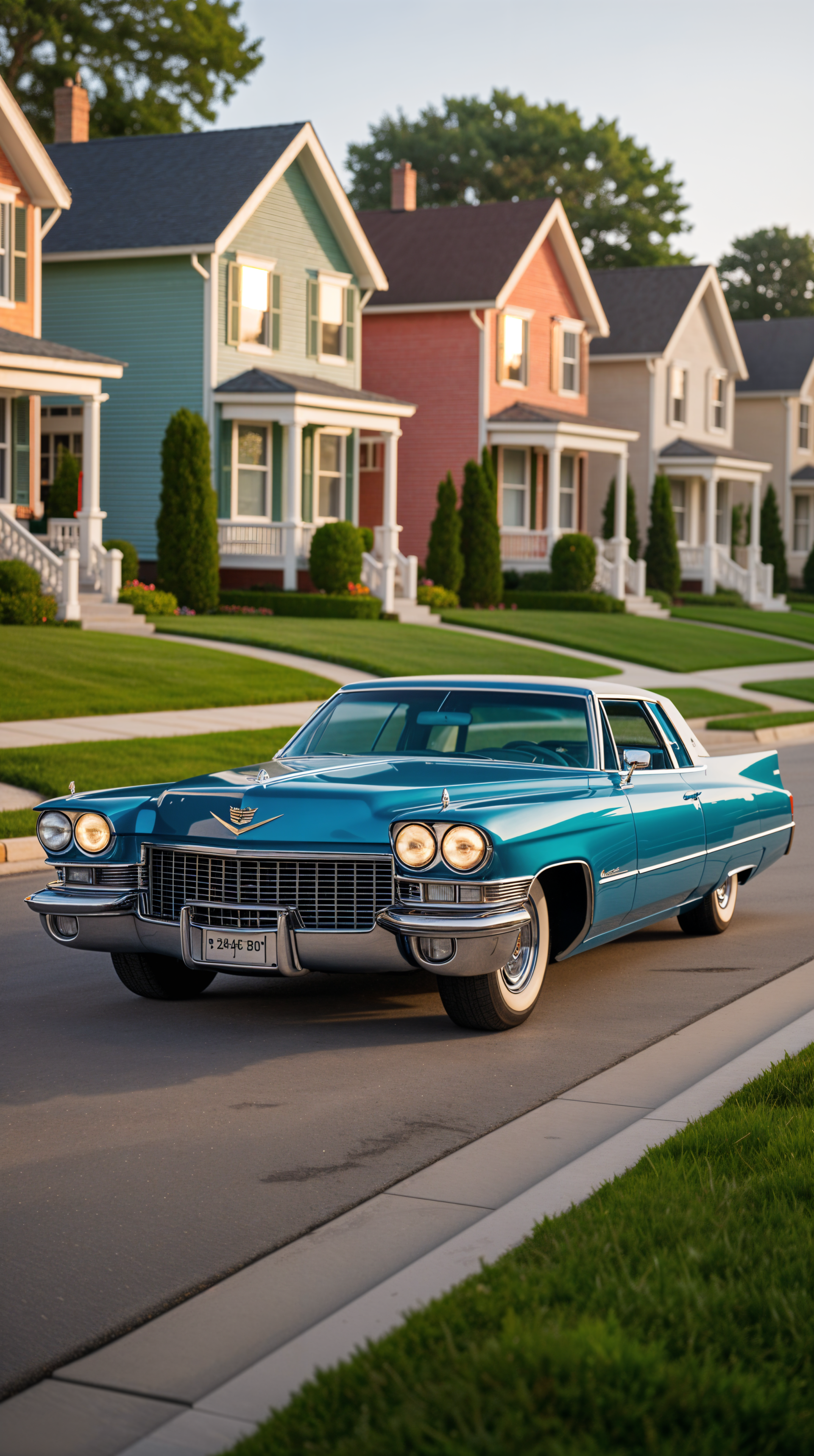 Vintage blue Cadillac cruising a suburban street with colorful homes, designed as a stylish phone wallpaper for both iPhone and Android screens.