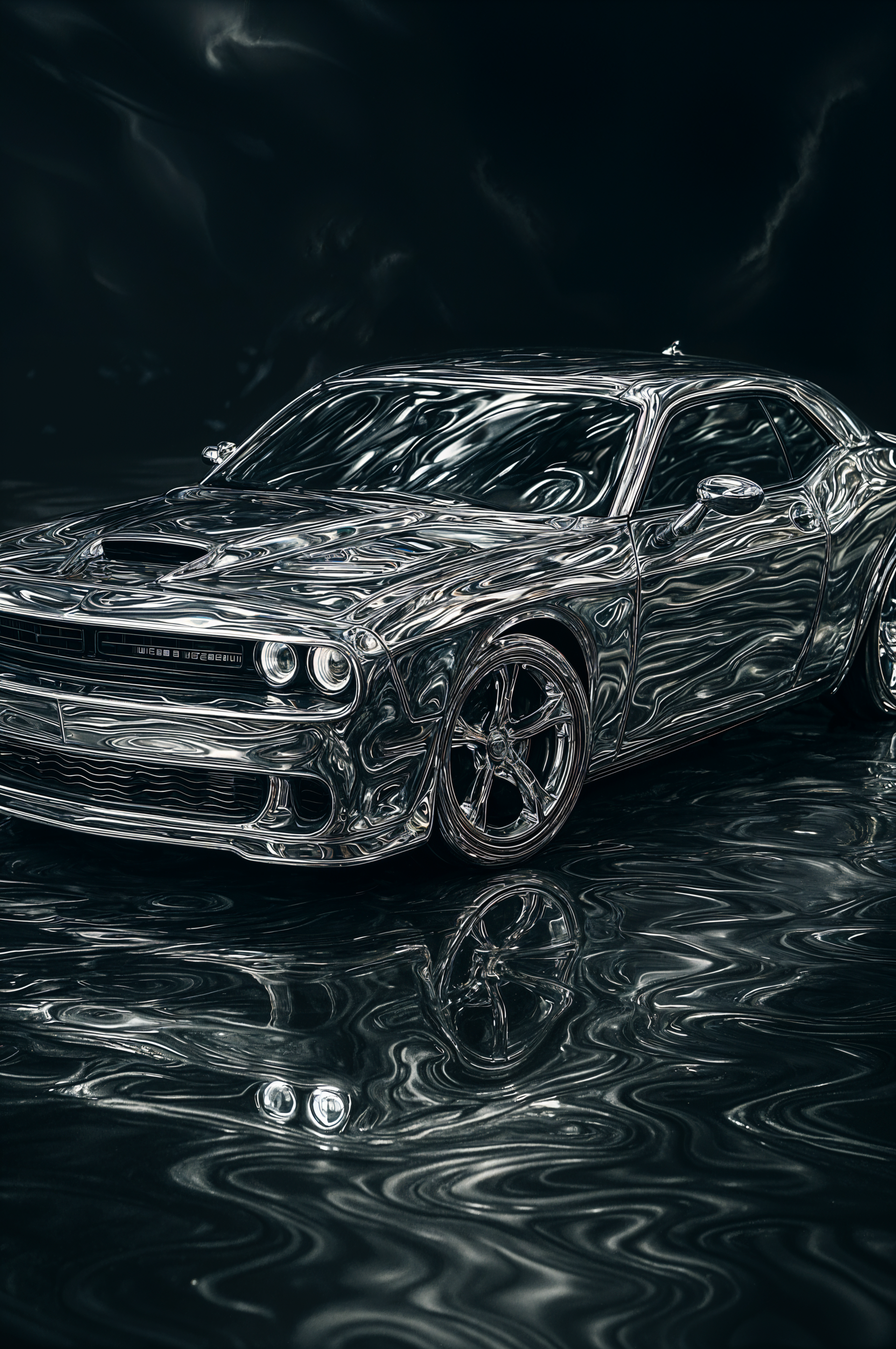 Phone wallpaper of a sleek Dodge Challenger with a swirling, reflective black and silver finish on a dark, glossy surface, designed to fit iPhones and Android phones.