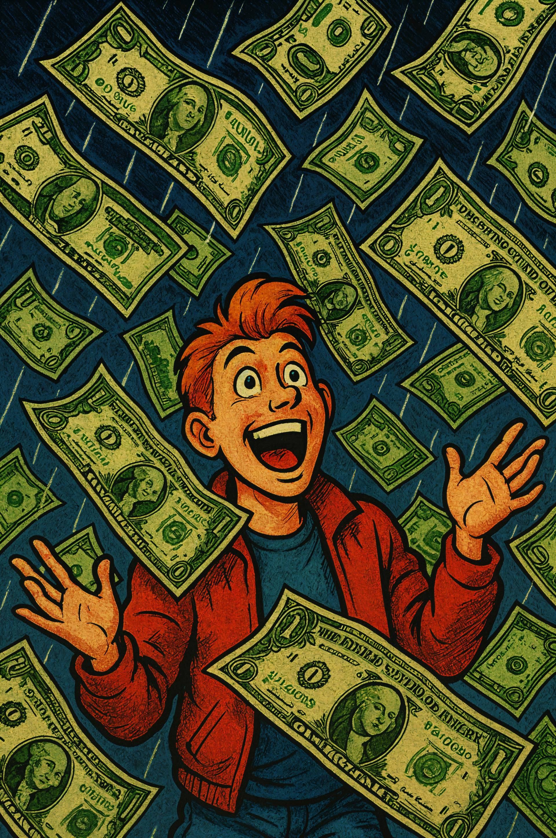 Phone wallpaper for iPhones and Androids featuring a joyful red-haired character surrounded by raining dollar bills against a dark blue background.