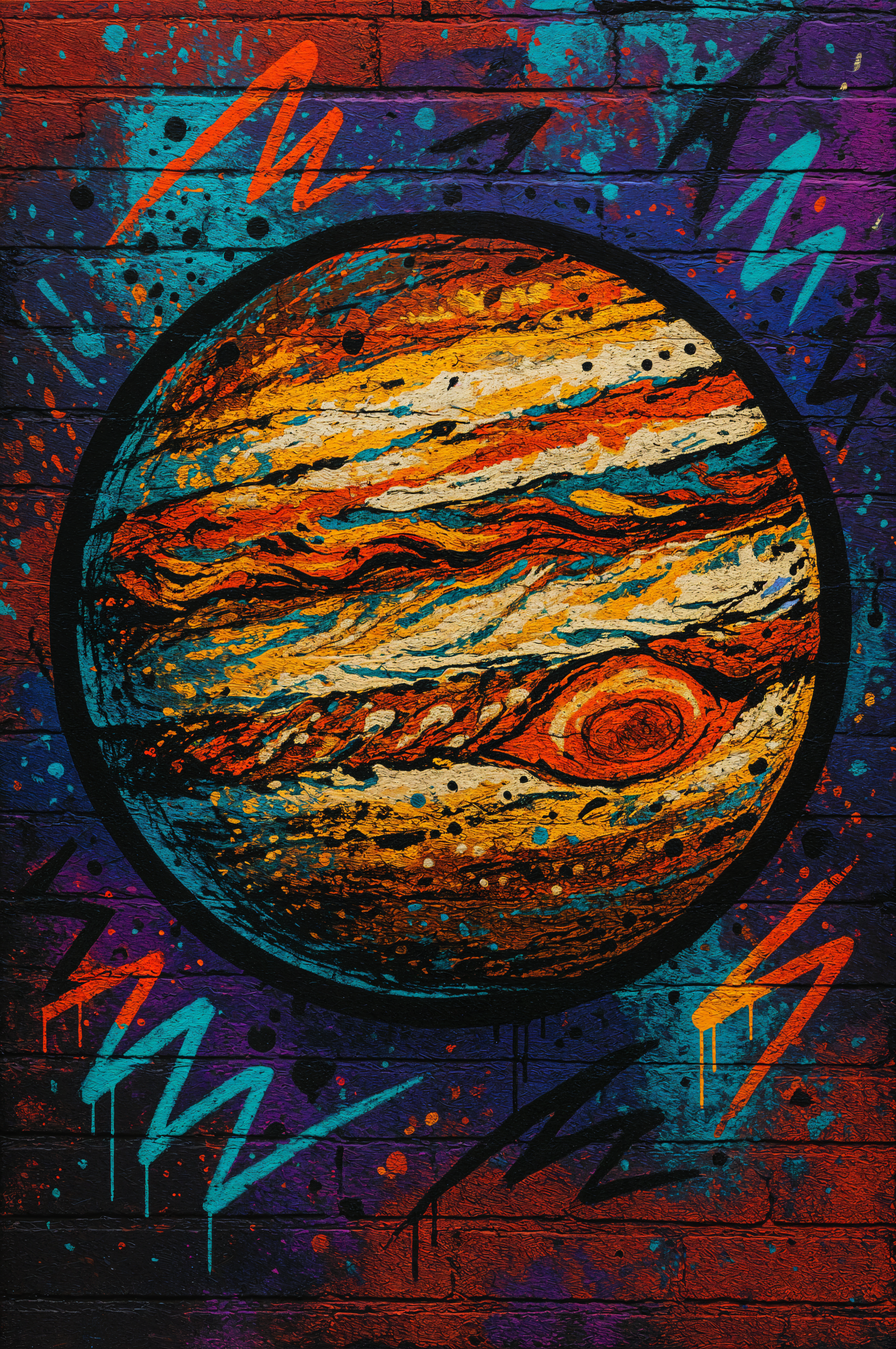 Phone wallpaper featuring a vibrant, graffiti-style painting of Jupiter with colorful abstract accents on a brick wall background, compatible with iPhones and Android phones.