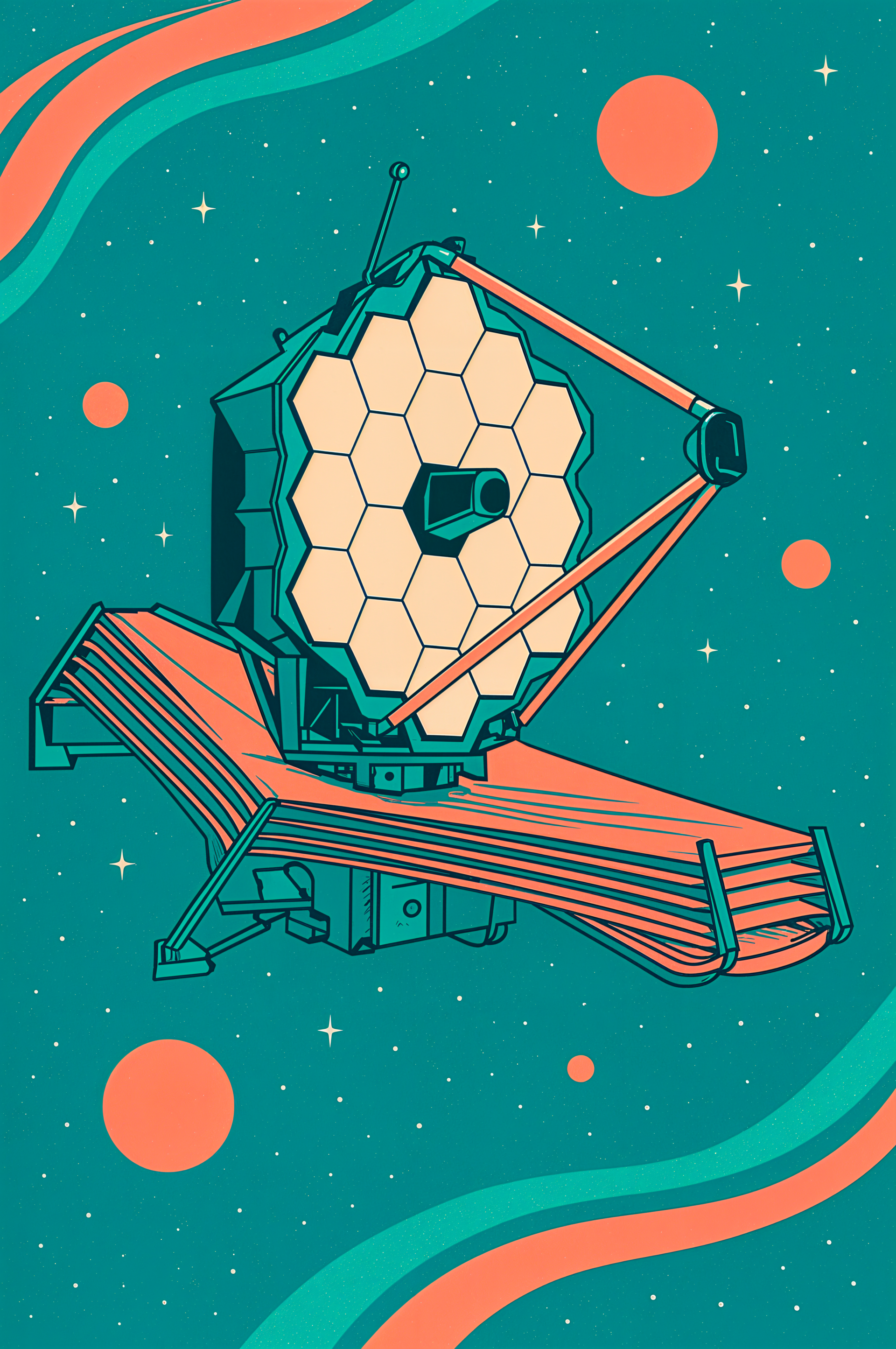 Illustration of the James Webb Space Telescope against a starry teal background with orange planets, designed as a vibrant phone wallpaper for iPhones and Android devices.