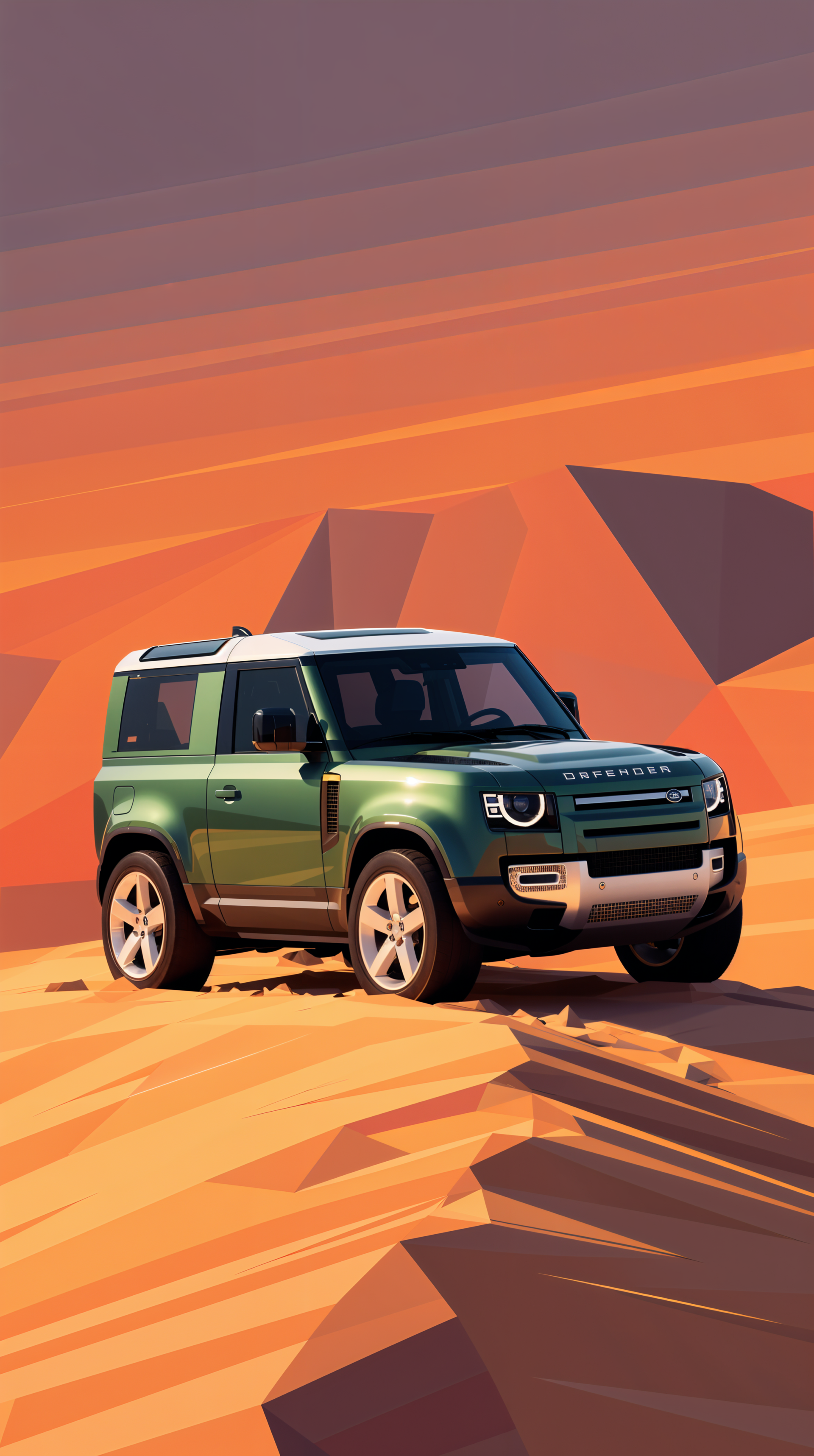 Stylized Land Rover Defender in green driving through an angular desert landscape, designed as a vibrant phone wallpaper for iPhone and Android screens.