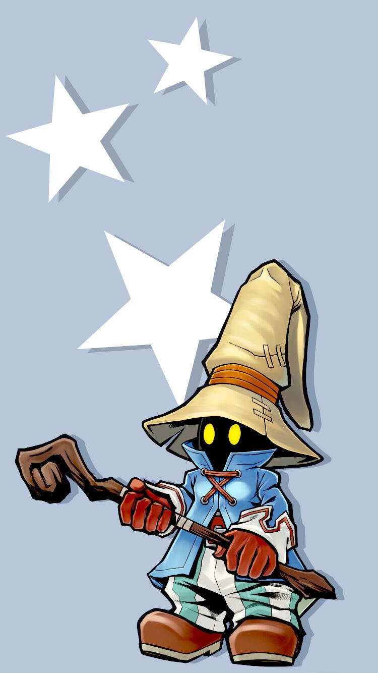 Phone wallpaper featuring Vivi Ornitier from the video game Kingdom Hearts, set against a light blue background with three white stars, compatible with iPhones and Android phones.