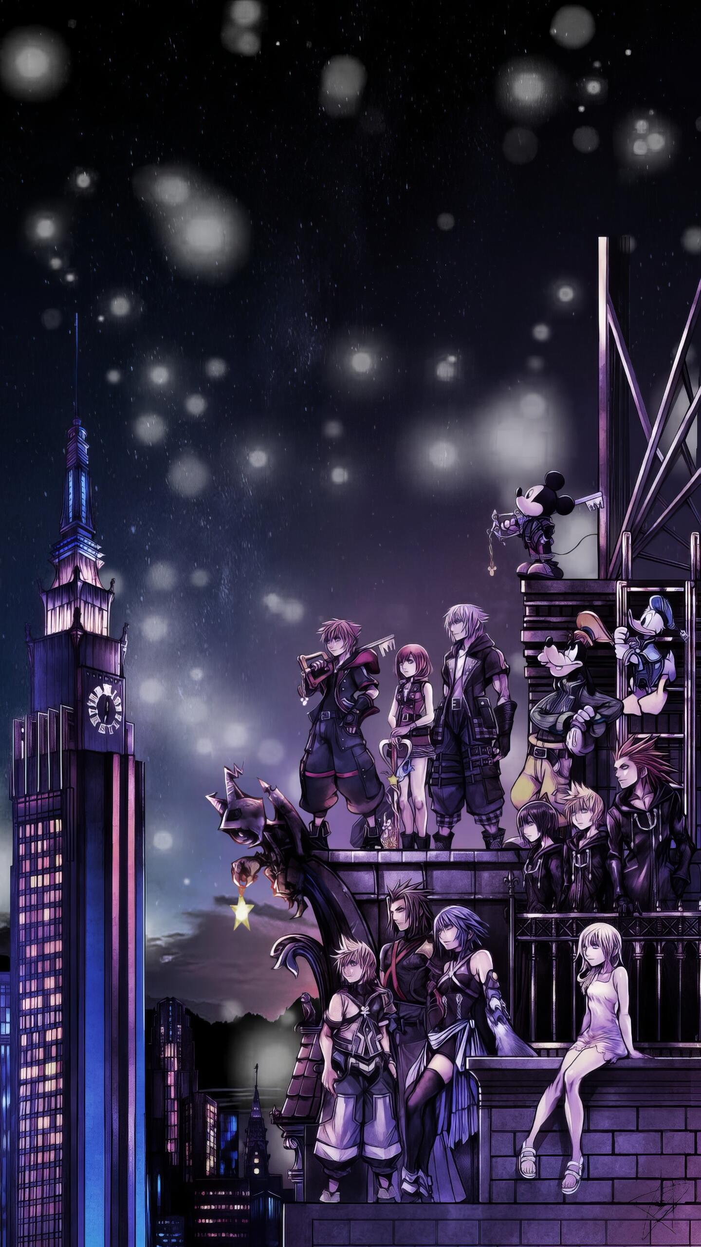 Kingdom Hearts phone wallpaper featuring Sora with his Keyblade, Mickey Mouse, and other characters against a starry night cityscape, designed for iPhones and Android phones.