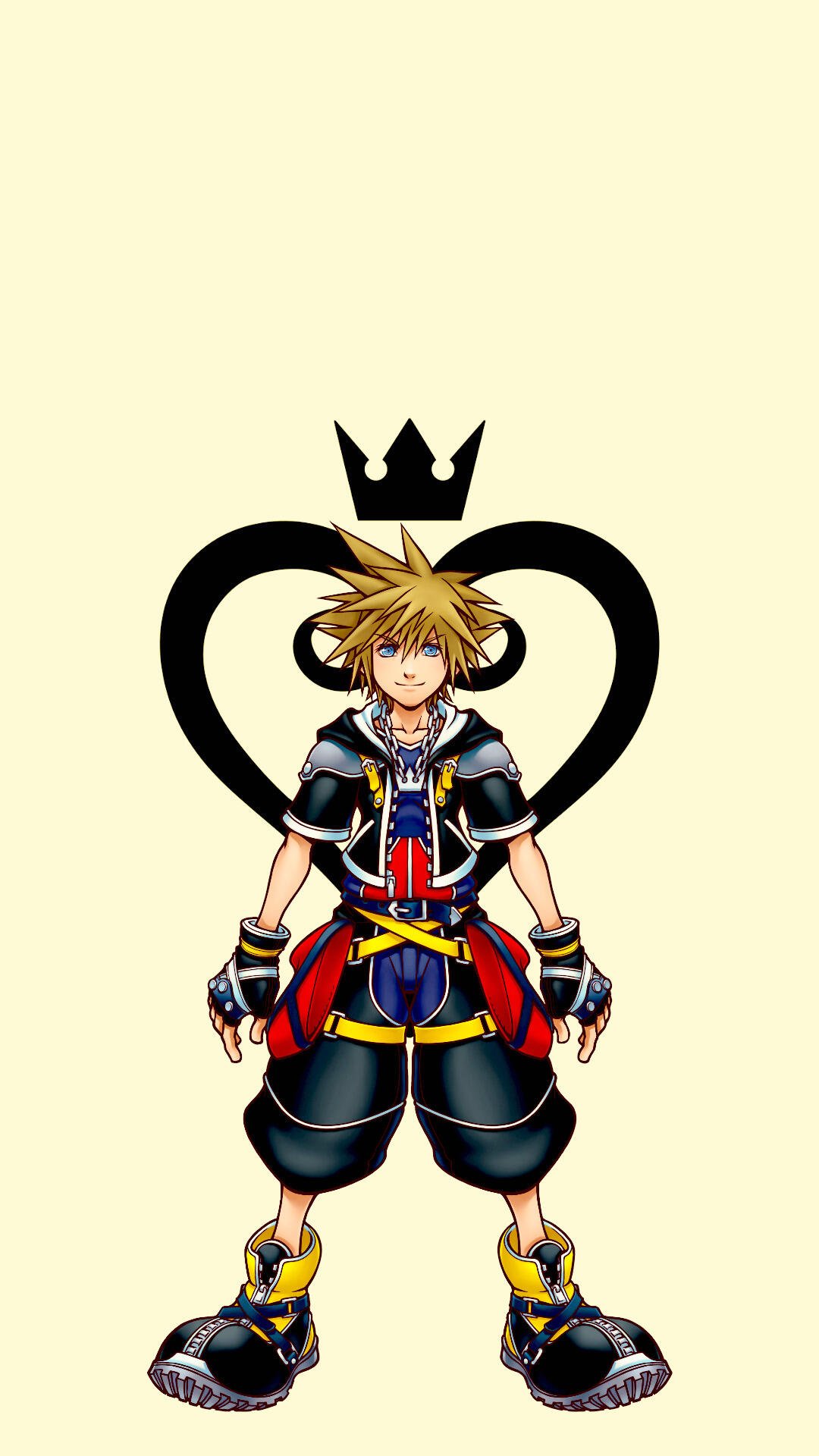 Phone wallpaper featuring Sora from Kingdom Hearts standing confidently with the iconic heart and crown symbol behind him, designed for iPhone and Android screens.
