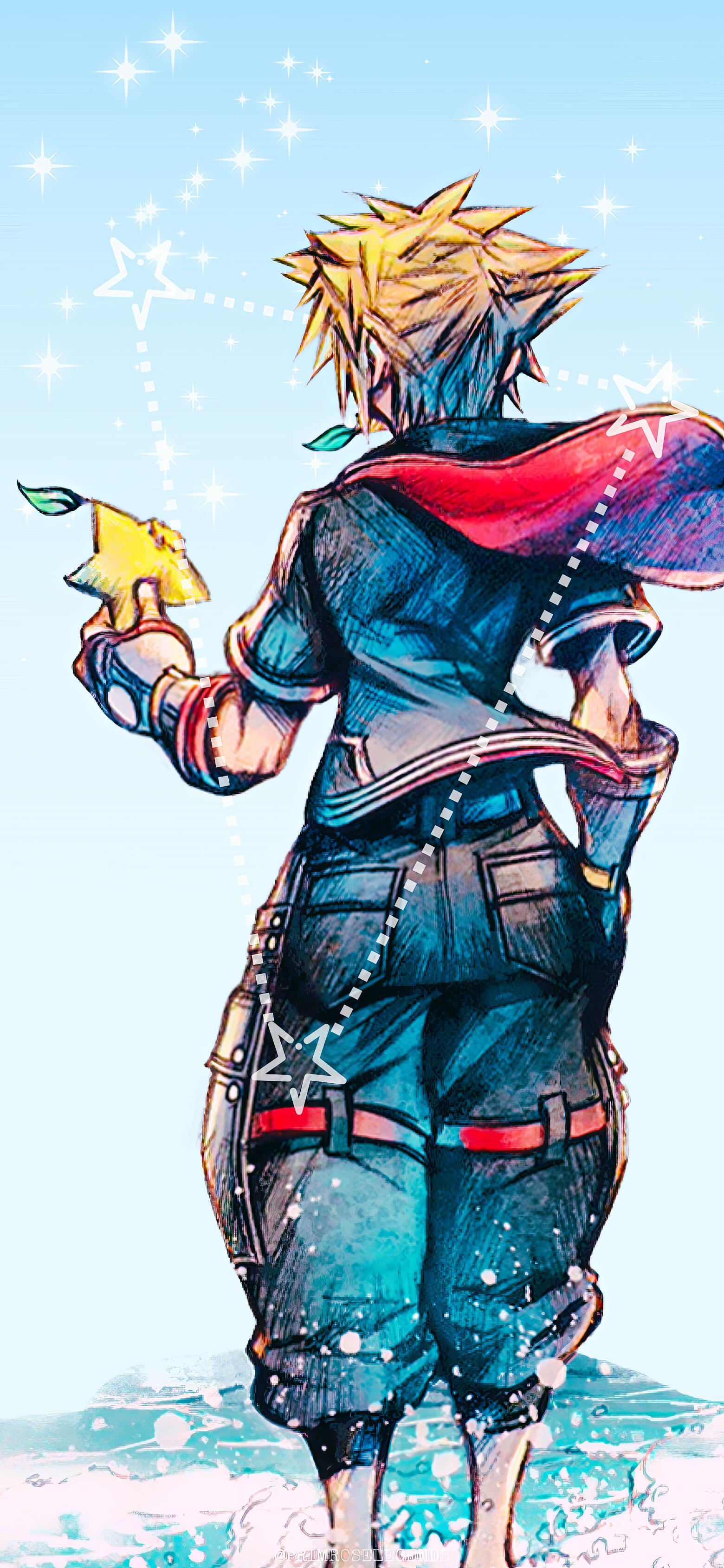 Phone wallpaper featuring Sora from Kingdom Hearts holding a small yellow star-shaped character, with a sparkling starry background, designed for iPhones and Android phones.