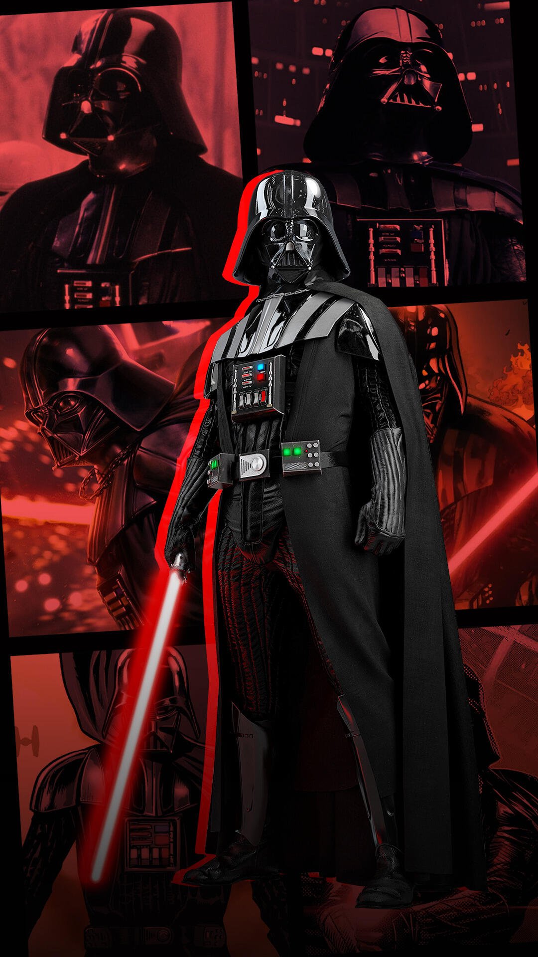 Phone wallpaper featuring Darth Vader from Star Wars wielding a red lightsaber, set against a collage of dark red and black images of the character.