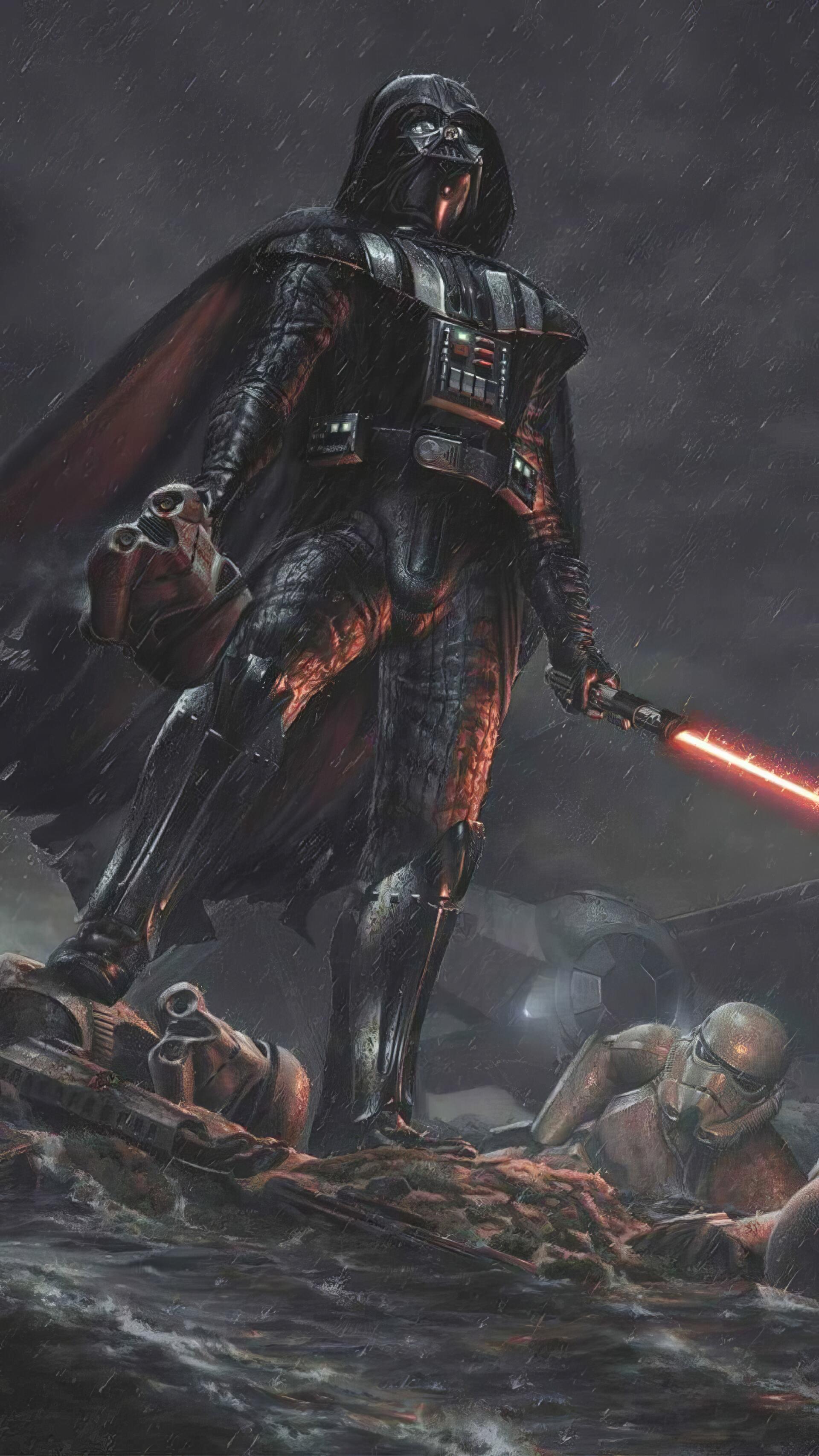 Phone wallpaper featuring Star Wars' Darth Vader wielding a red lightsaber in the rain, with stormtroopers lying on the ground, designed for iPhone and Android screens.