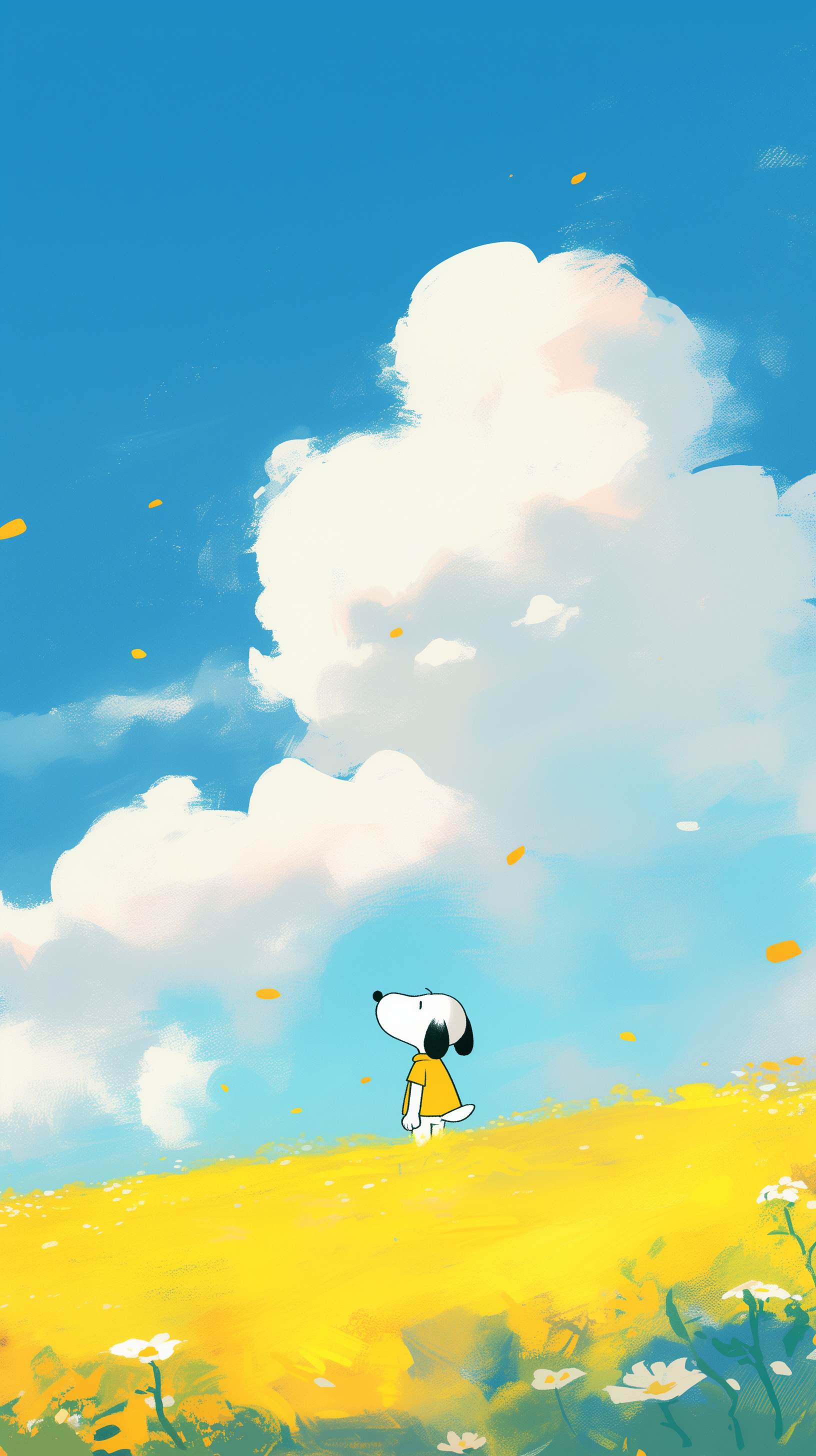 Anime-style illustration of Snoopy standing in a bright yellow field under a vast blue sky with fluffy white clouds, designed as a phone wallpaper for iPhones and Android devices.