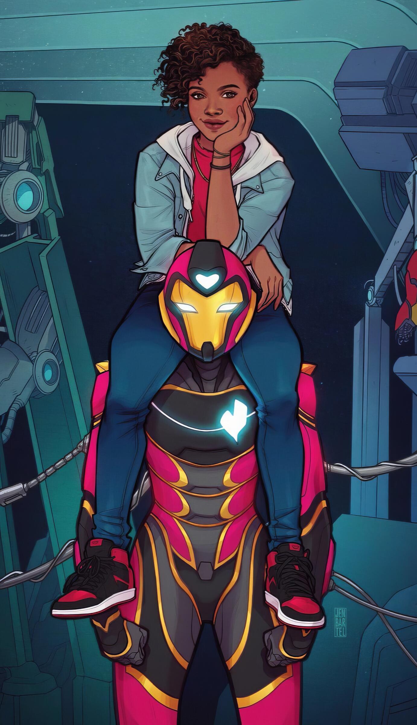 Comic-style wallpaper of Marvel's Ironheart, featuring Riri Williams sitting on the armored Ironheart suit in a high-tech lab setting, designed for iPhone and Android screens.