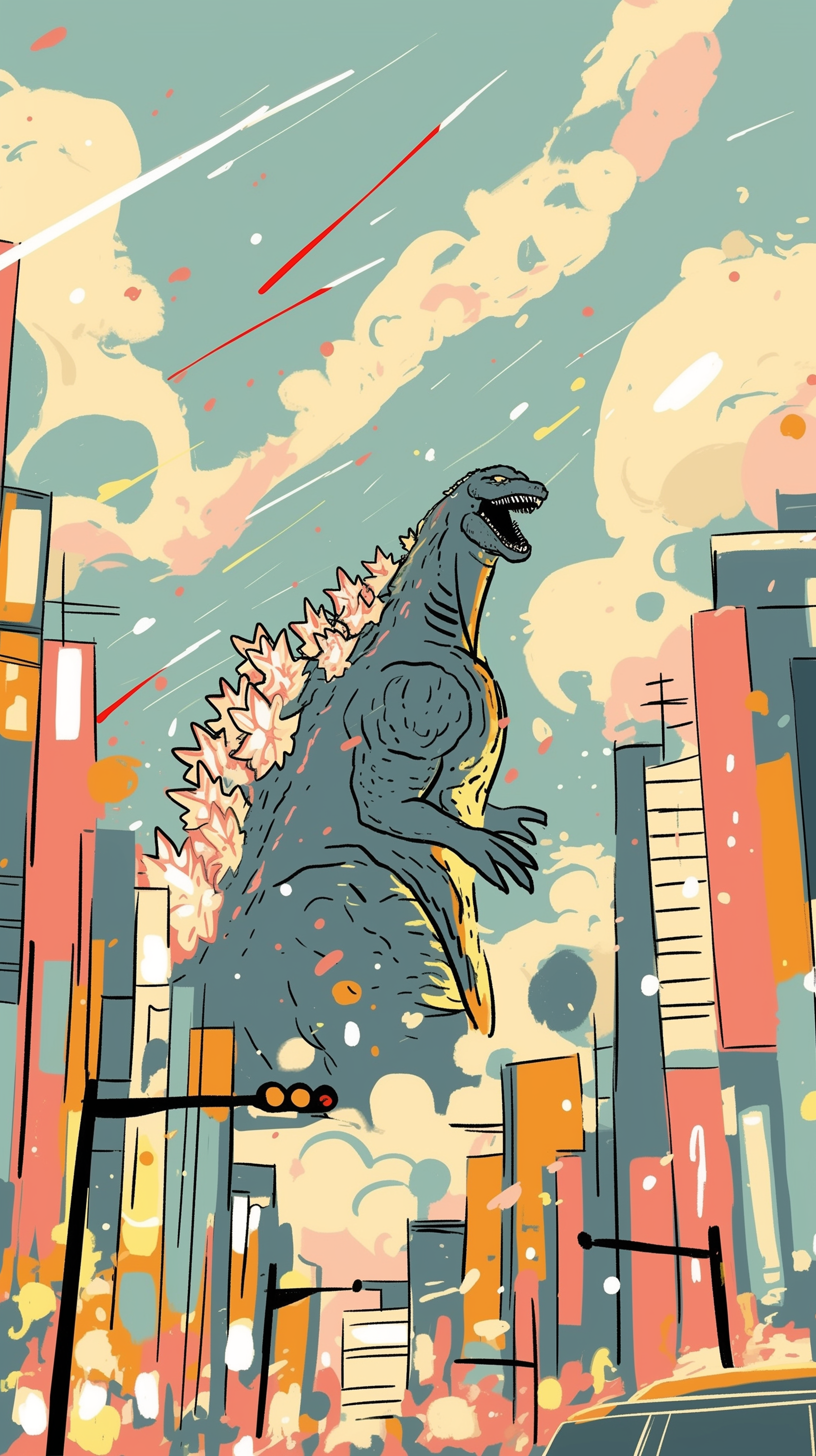 Artistic drawing of Godzilla towering over a cityscape with vibrant clouds and streaks, created as a colorful phone wallpaper for iPhone and Android devices.