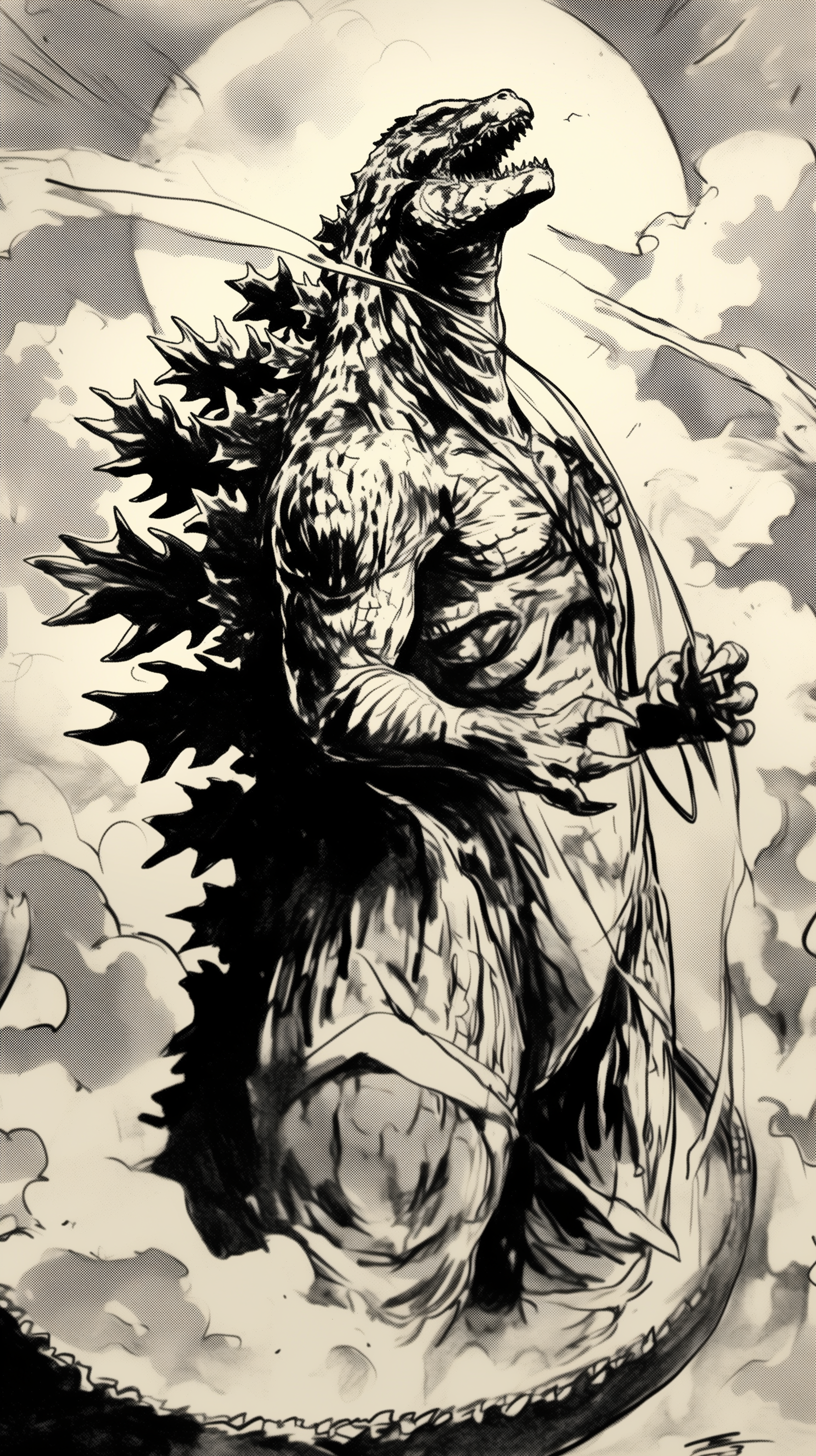 Black and white Godzilla illustration with bold shading, set against a full moon and cloudy sky, designed as a dynamic phone wallpaper for iPhones and Android devices.