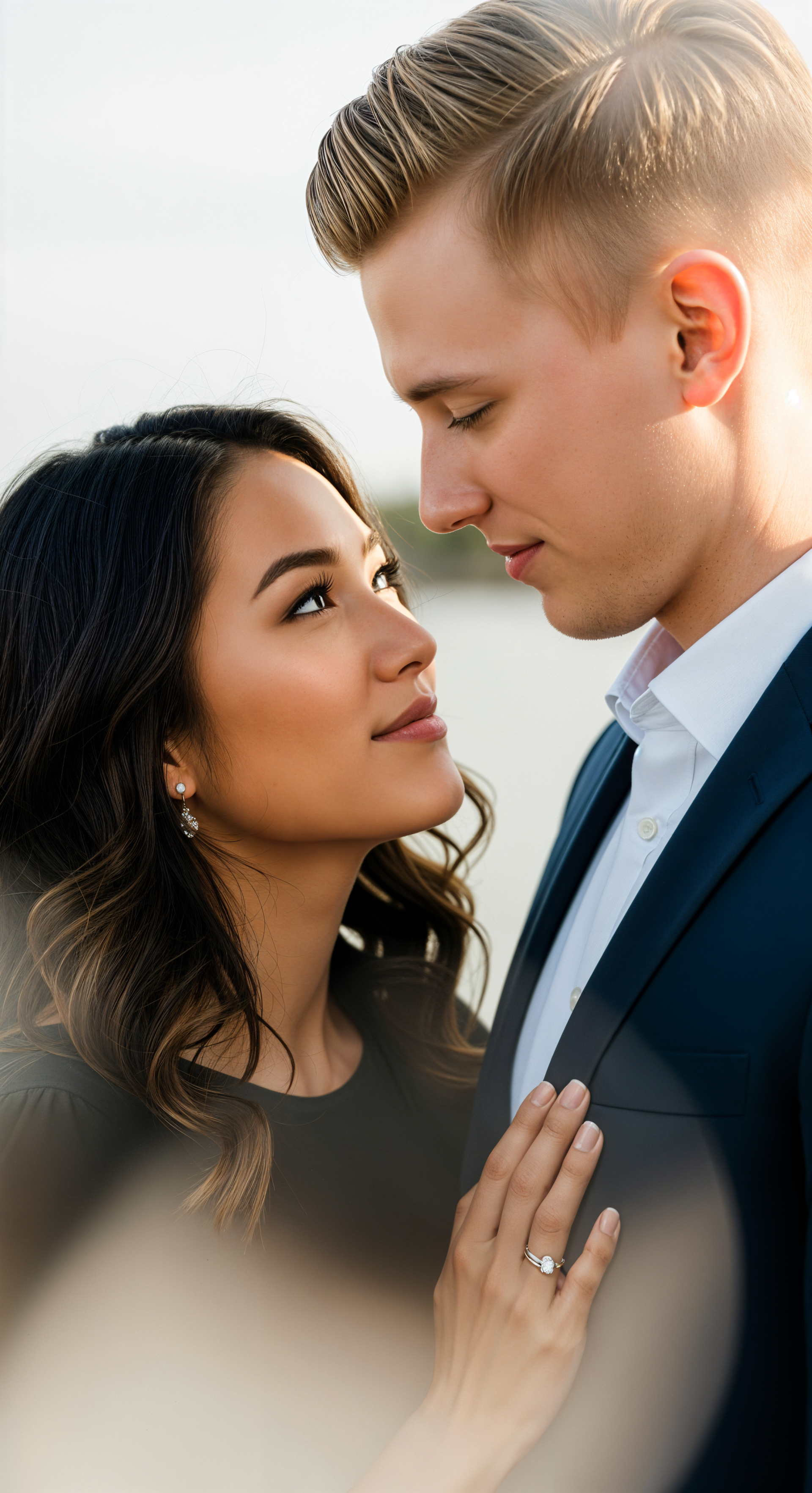Phone wallpaper of a couple gazing into each other's eyes, highlighting a fiancé's engagement ring, designed for display on iPhones and Android phones.