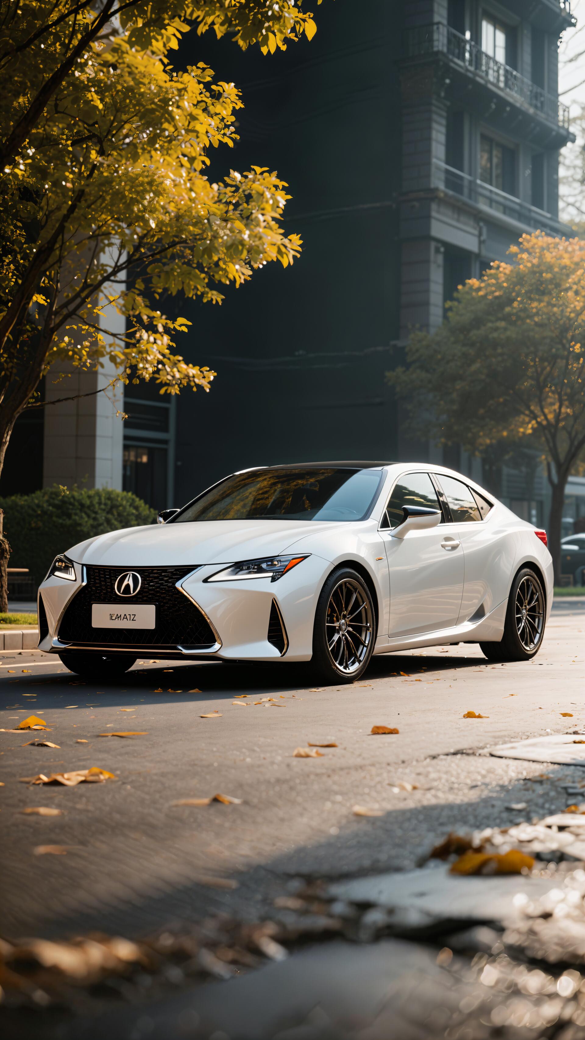 White Acura sedan parked on a city street with autumn trees, designed as a phone wallpaper compatible with iPhones and Android devices.