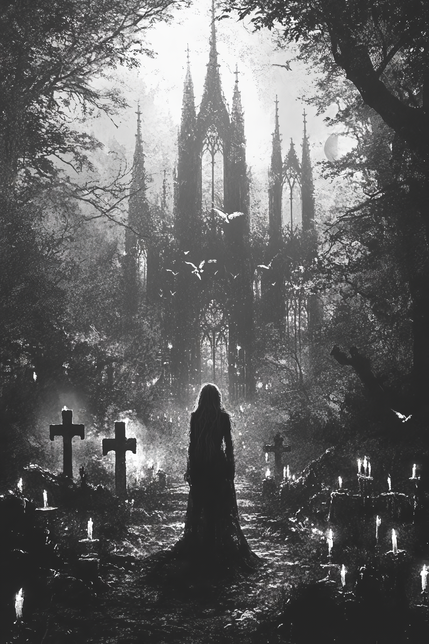 Monochrome dark fantasy phone wallpaper featuring a gothic figure standing in a candlelit cemetery with towering cathedral spires shrouded in mist, framed by eerie trees.