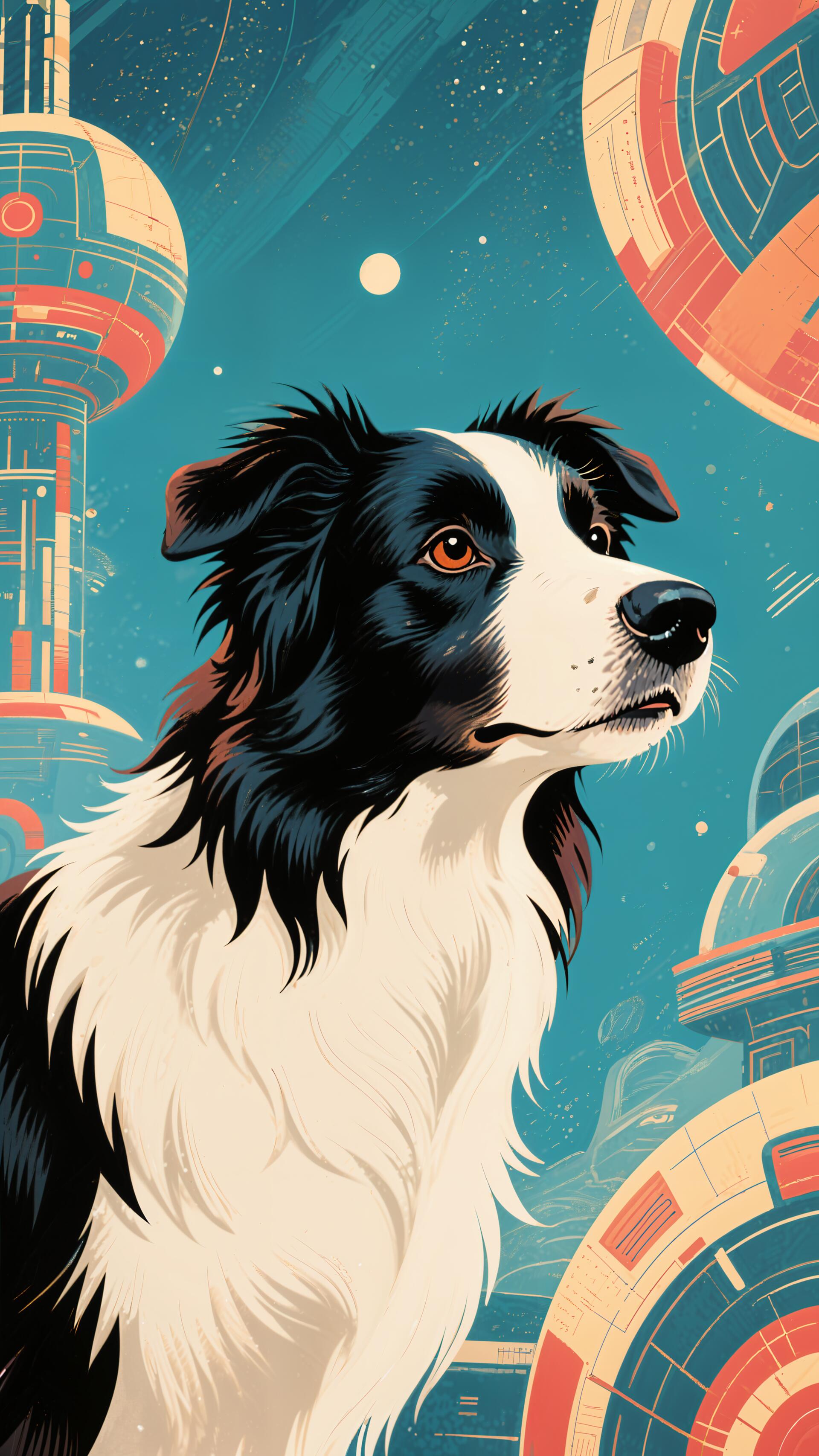 Illustration of a border collie against a cosmic background with futuristic buildings, designed as a vertical phone wallpaper for iPhones and Android devices.