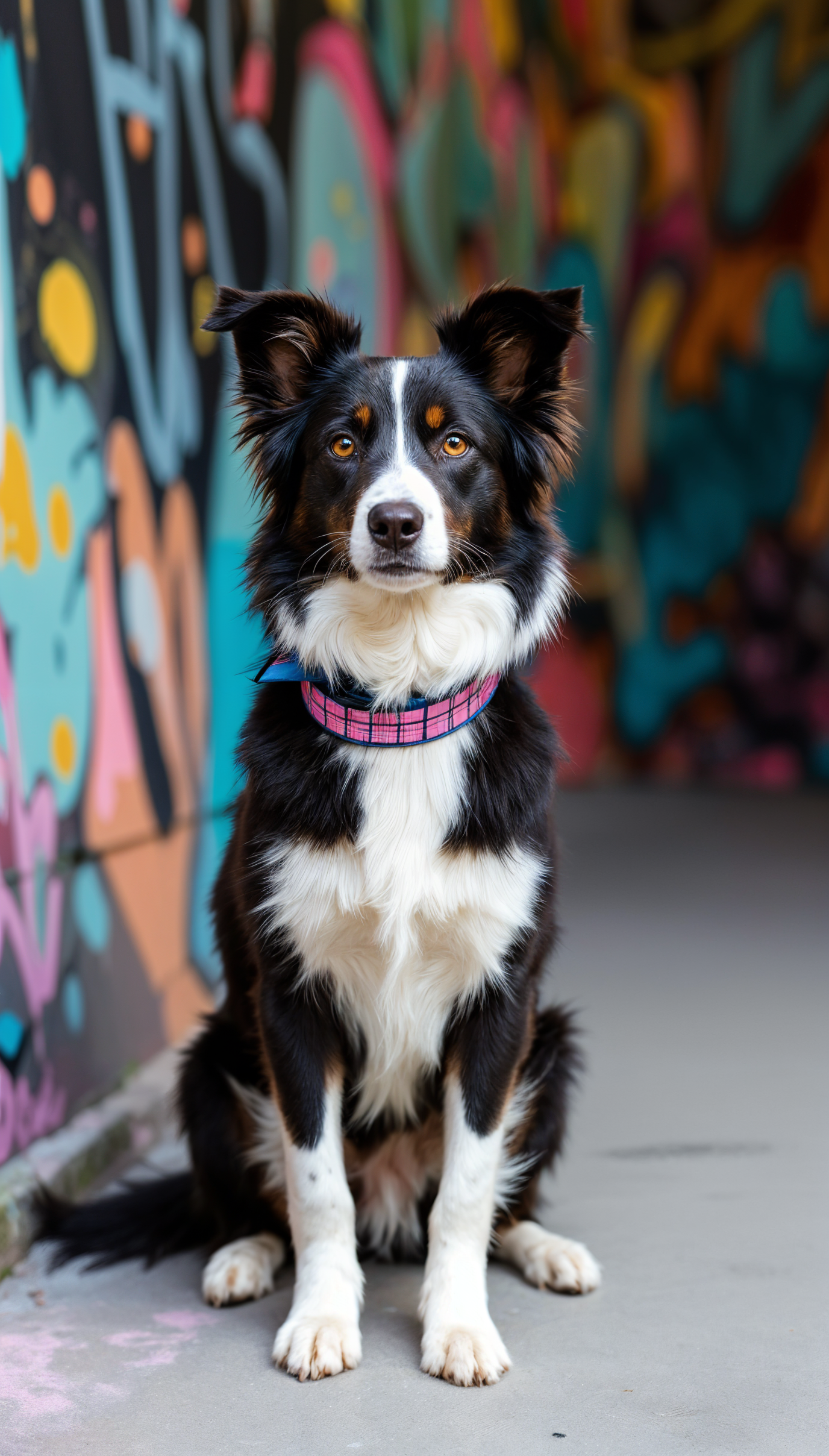Border Collie with a pink collar sitting attentively against a colorful graffiti wall, displayed as a vibrant phone wallpaper for iPhones and Android devices.