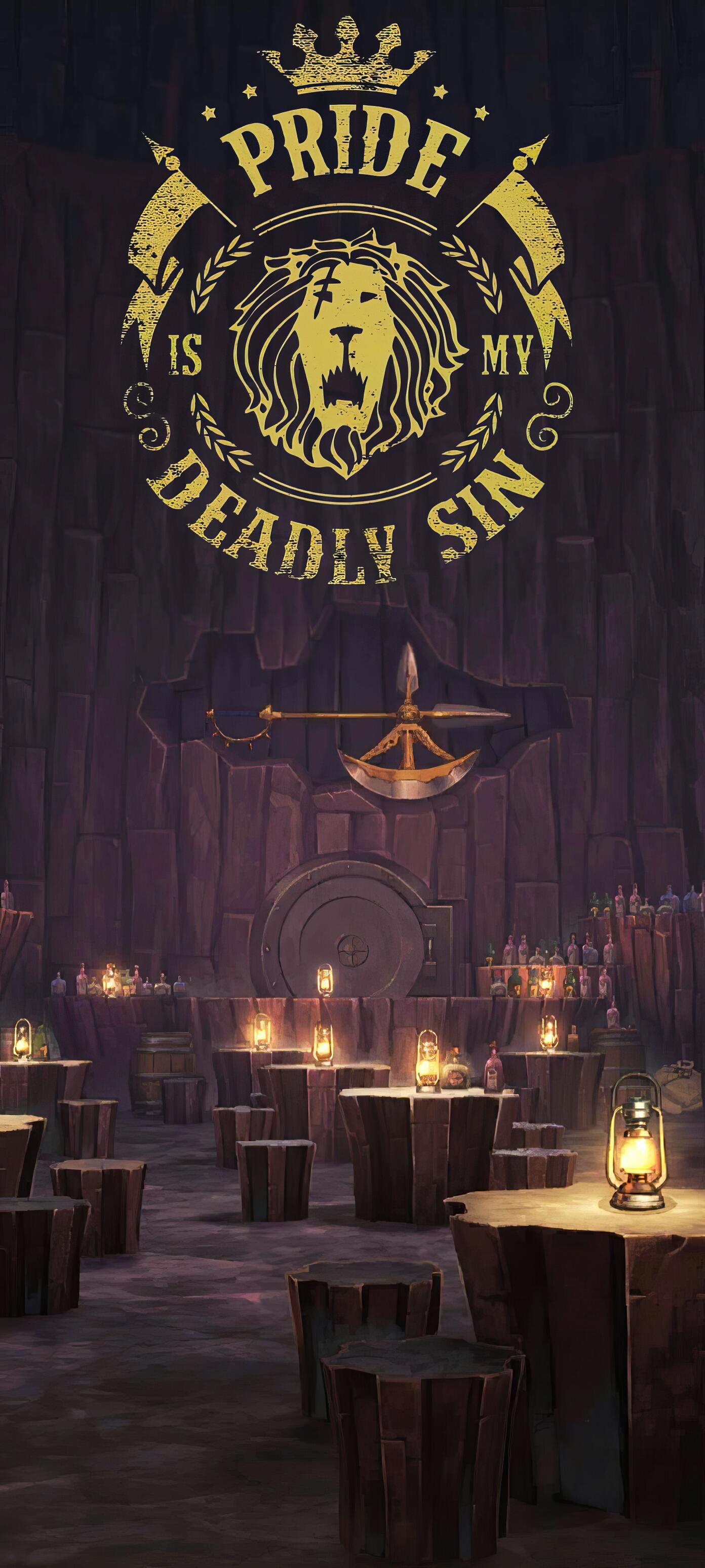 Phone wallpaper featuring a dimly lit tavern background and a golden emblem with a lion and the phrase Pride is my Deadly Sin, inspired by Escanor from The Seven Deadly Sins anime.