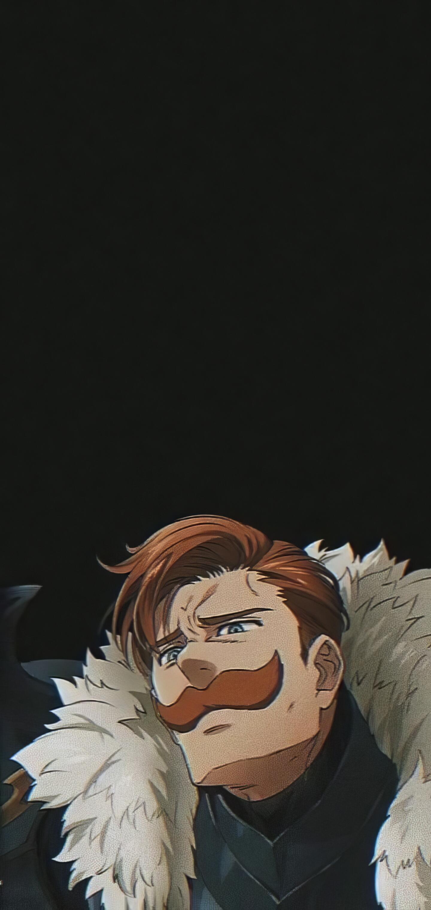 Anime phone wallpaper featuring Escanor from The Seven Deadly Sins with a fur-collared cloak against a dark background, designed for both iPhone and Android screens.