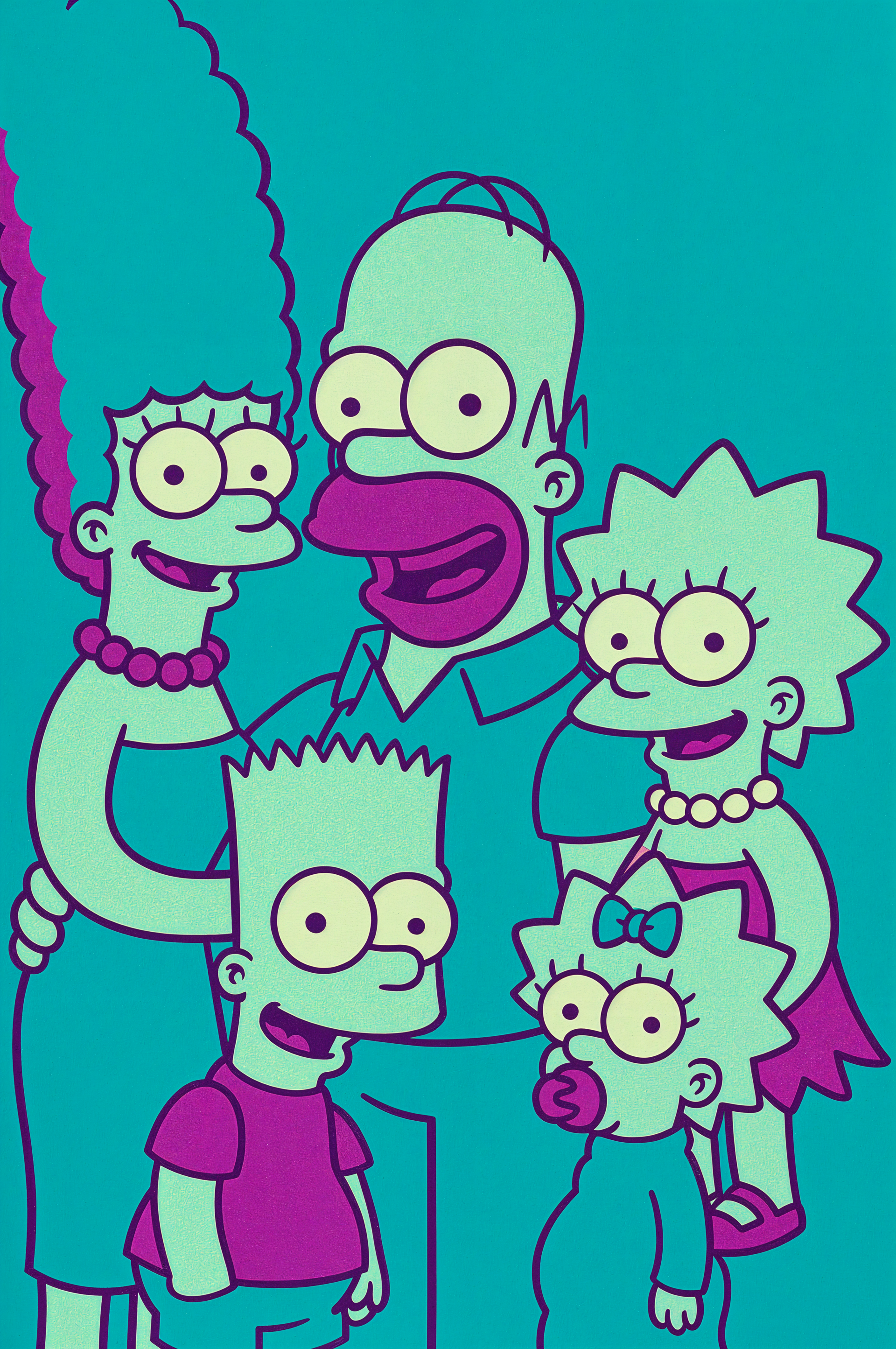 Phone wallpaper featuring The Simpsons family in a vibrant blue and purple color scheme, designed for both iPhone and Android displays.