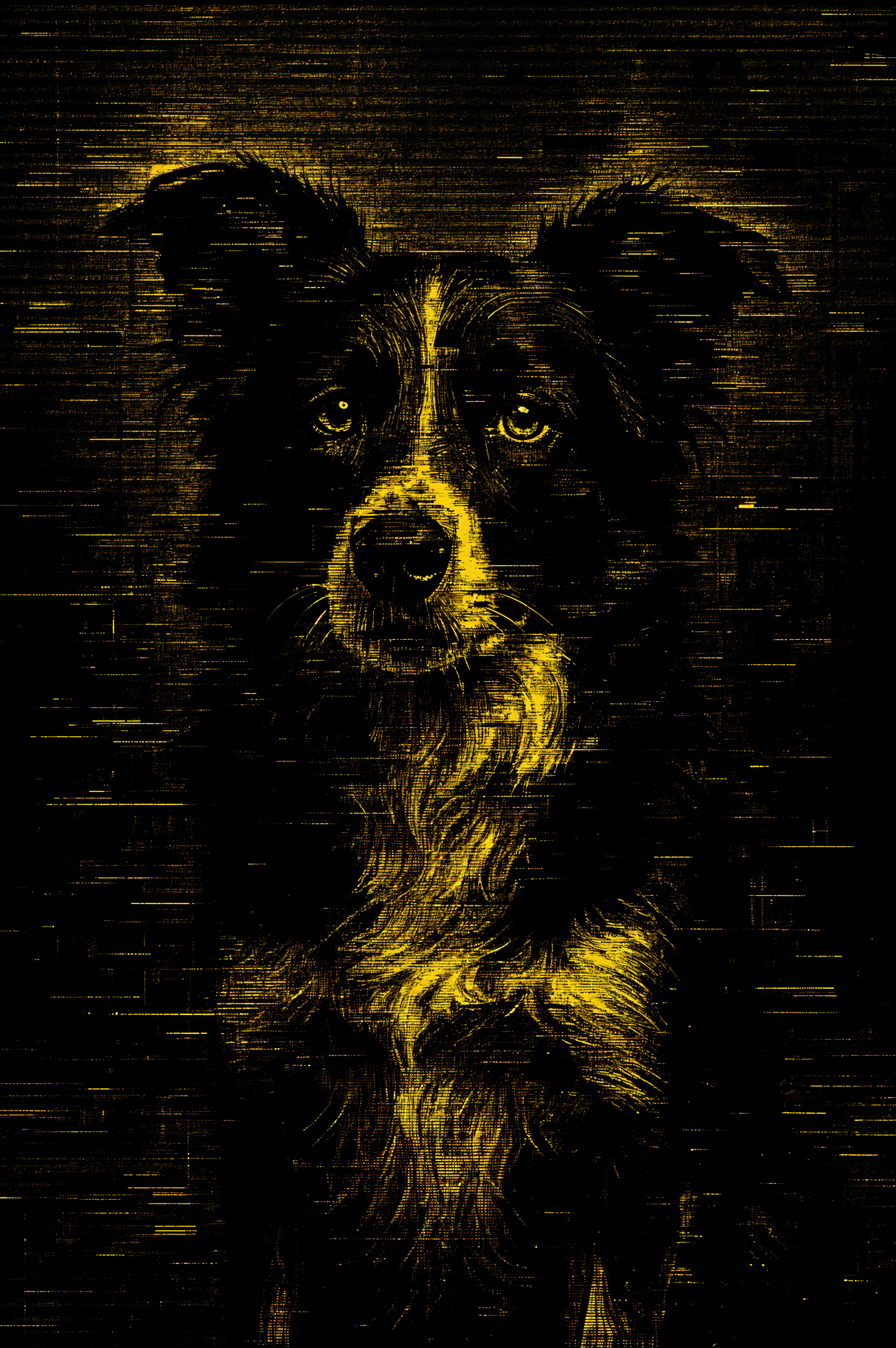 Digital art of a border collie in glowing yellow lines on a dark background, designed as a phone wallpaper compatible with iPhones and Android devices.