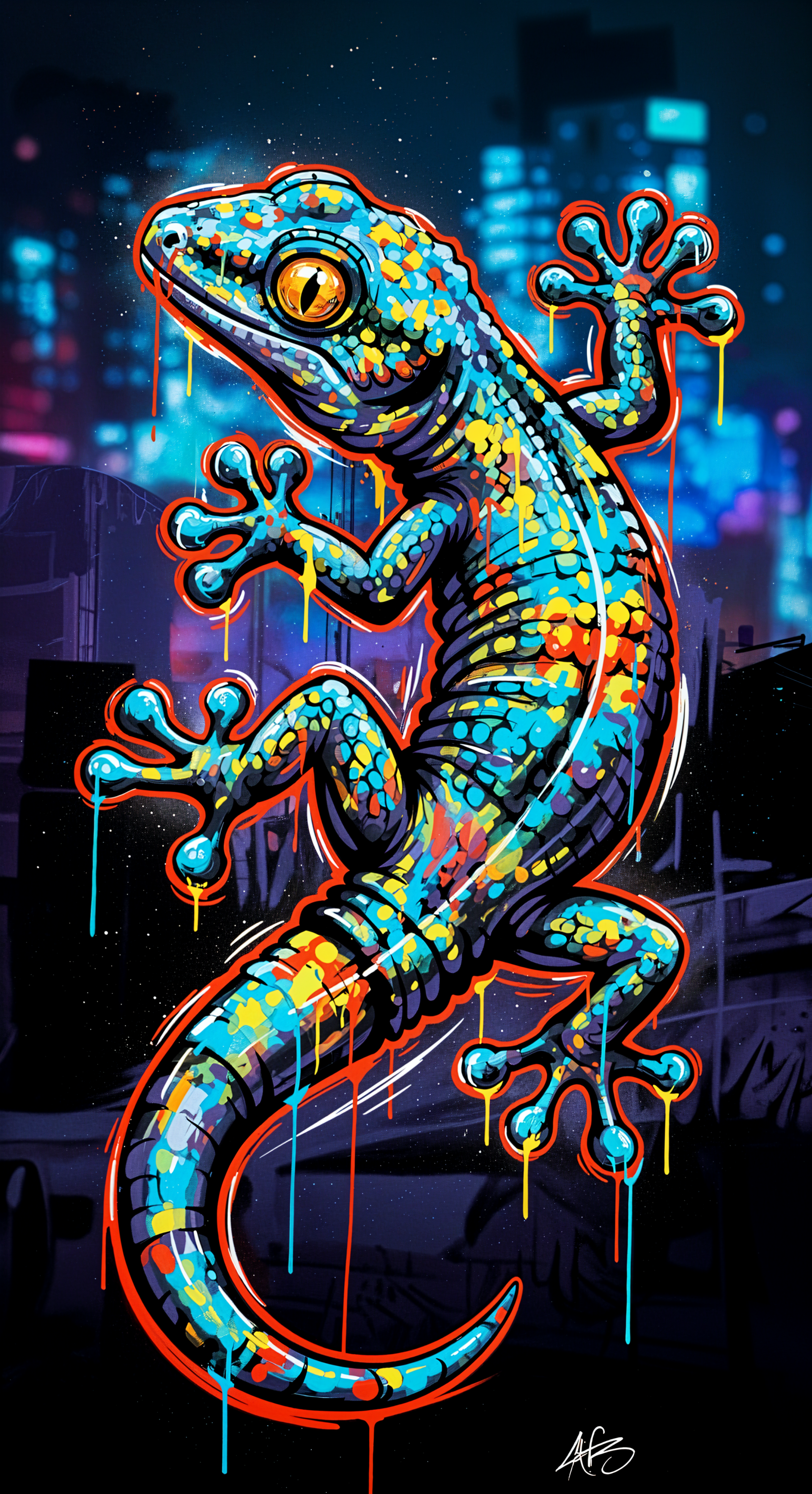 Colorful gecko illustrated with neon splashes against a dark cityscape, designed as a vibrant phone wallpaper for iPhone and Android.