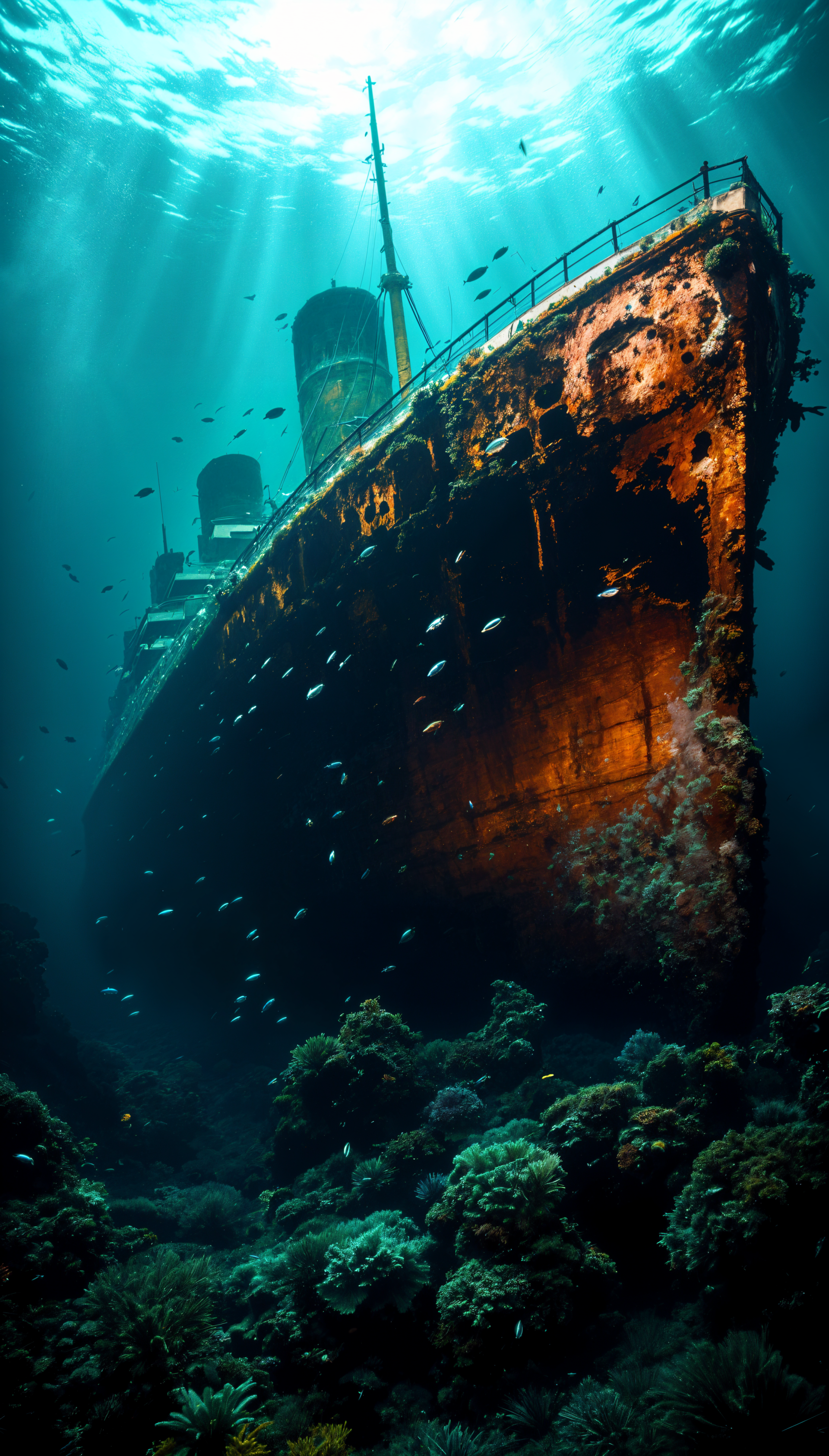 Underwater view of the sunken Titanic shipwreck surrounded by fish and coral, designed as a phone wallpaper for iPhones and Android devices.