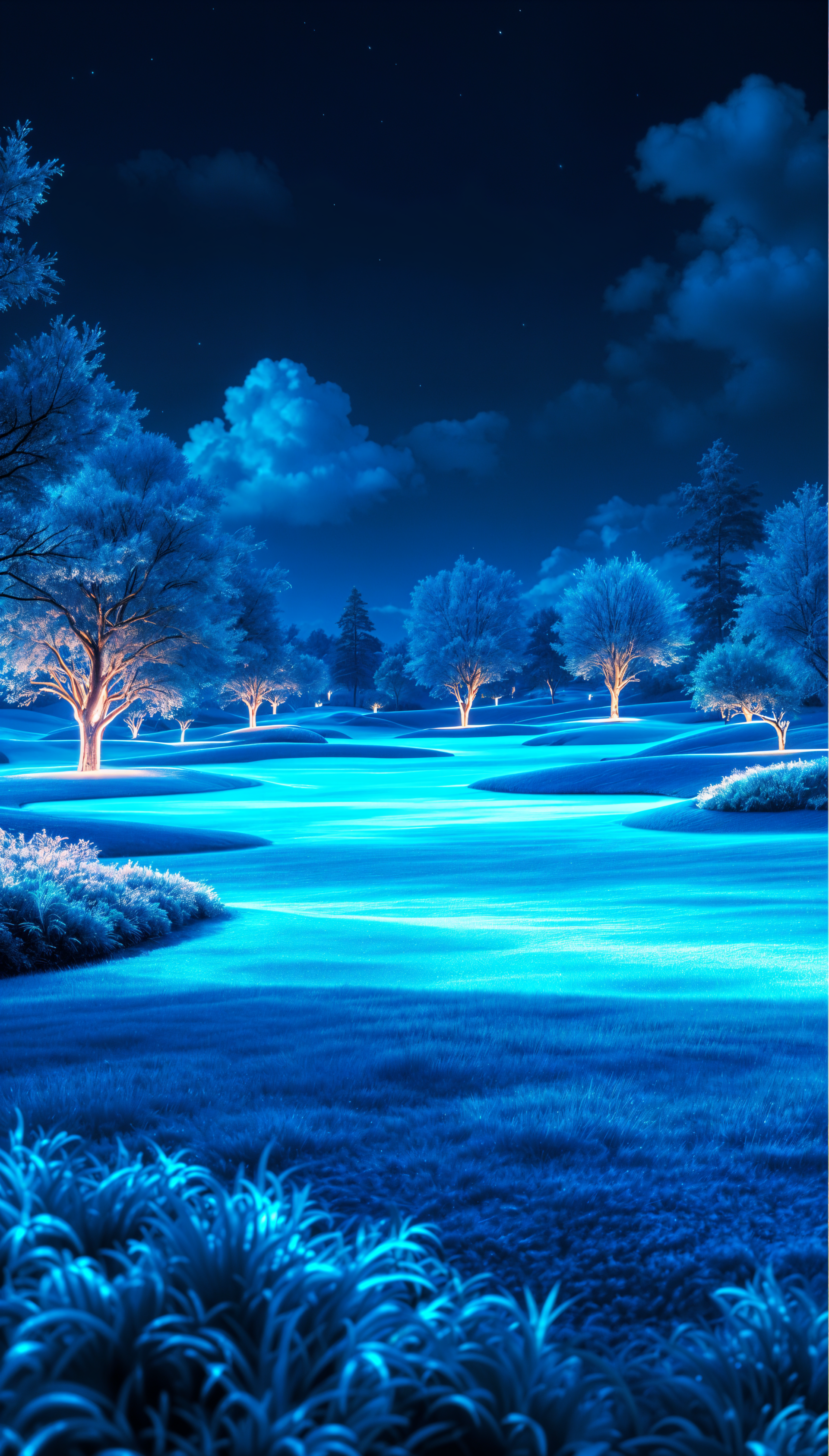 Phone wallpaper of a glowing blue golf course at night with illuminated trees and a starry sky, designed to fit iPhone and Android screens.