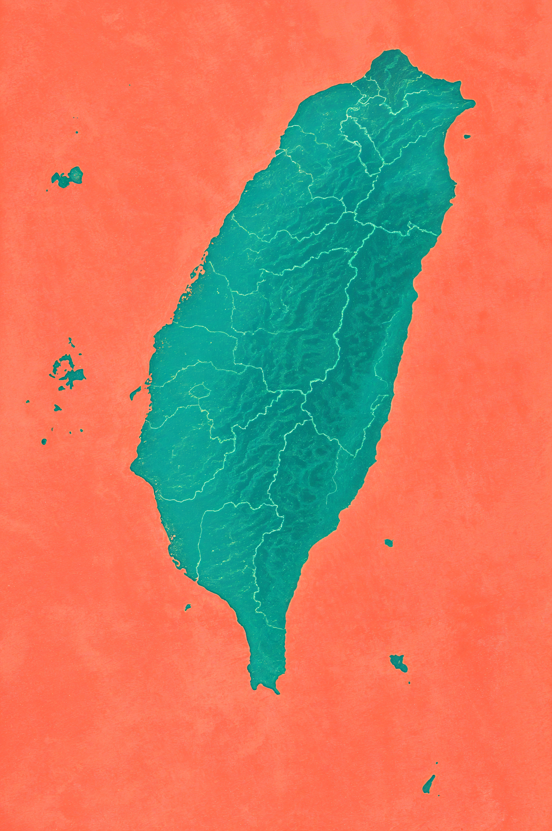 Phone wallpaper showing a teal map of Taiwan with regional borders on a vibrant coral background, designed for use on both iPhones and Android phones.